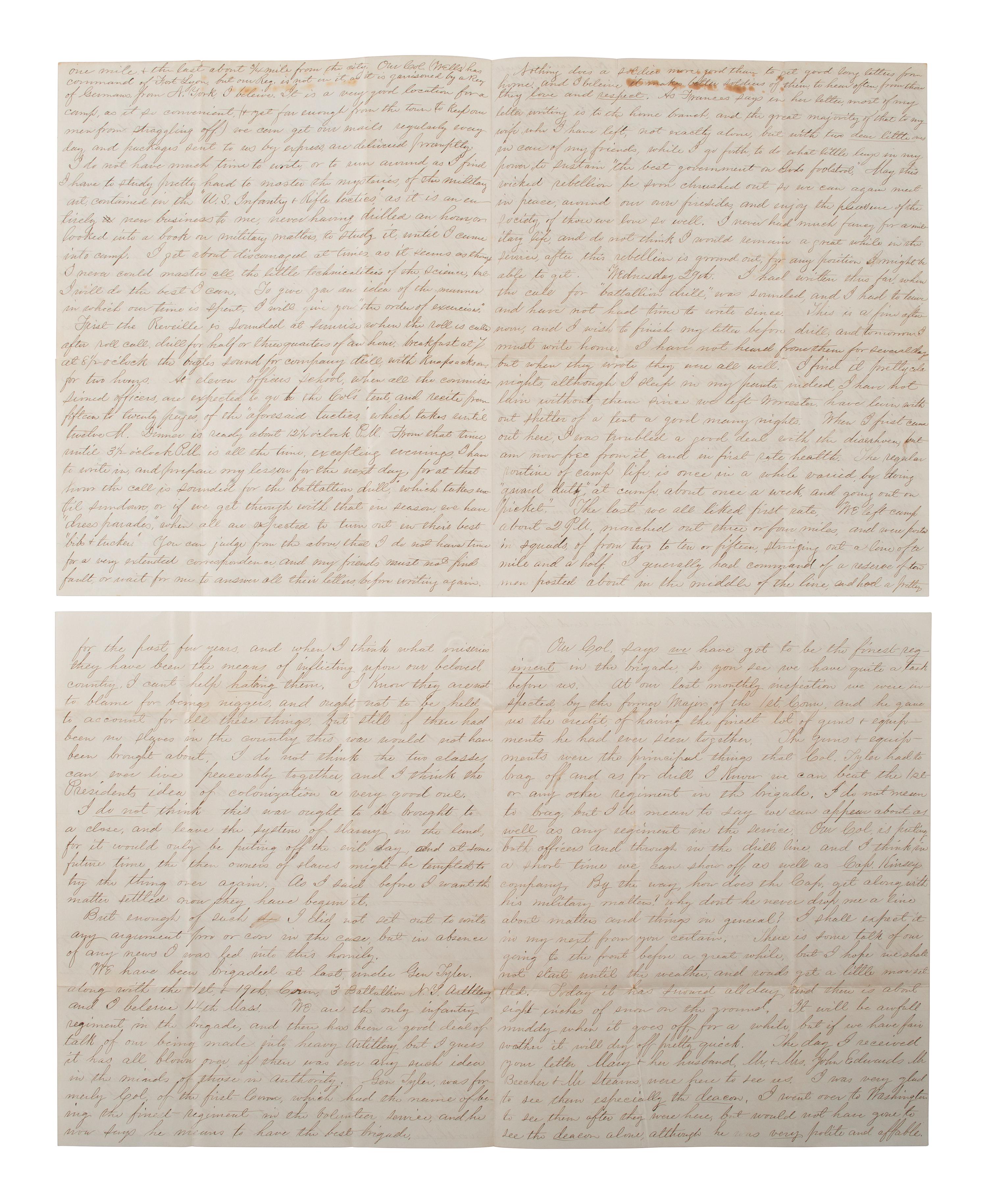 [CIVIL WAR]. A group of 4 letters written by Lieutenant Malcom Ammidon, Companies H & C, 34th Massachusetts, with Lincoln and slavery content.