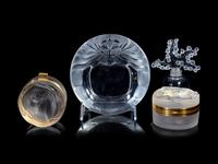 Two Lalique Boxes, a Lalique Coupe and a Lalique Clairefontaine Perfume Bottle