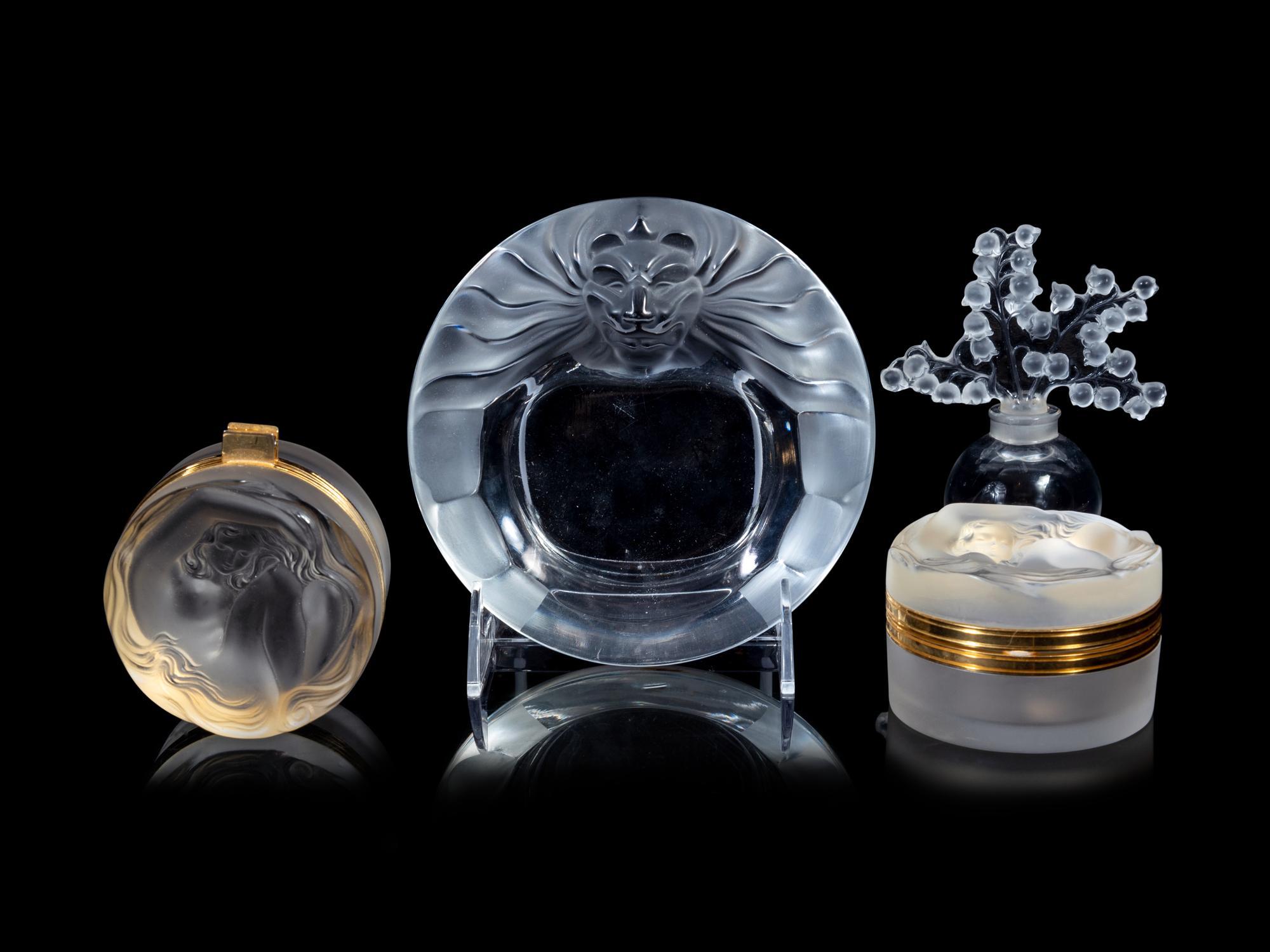 Two Lalique Boxes, a Lalique Coupe and a Lalique Clairefontaine Perfume Bottle