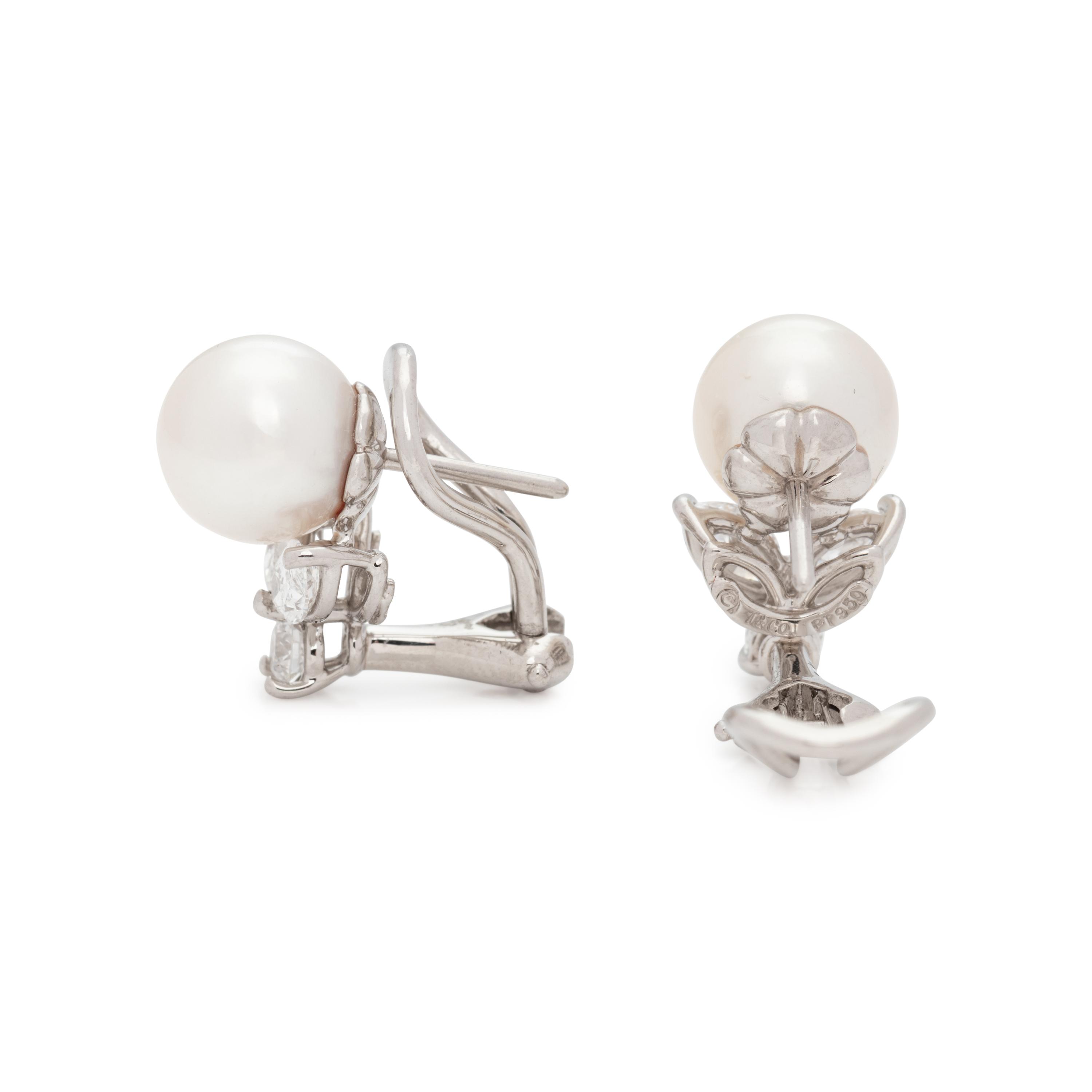 TIFFANY & CO., CULTURED PEARL AND DIAMOND EARCLIPS