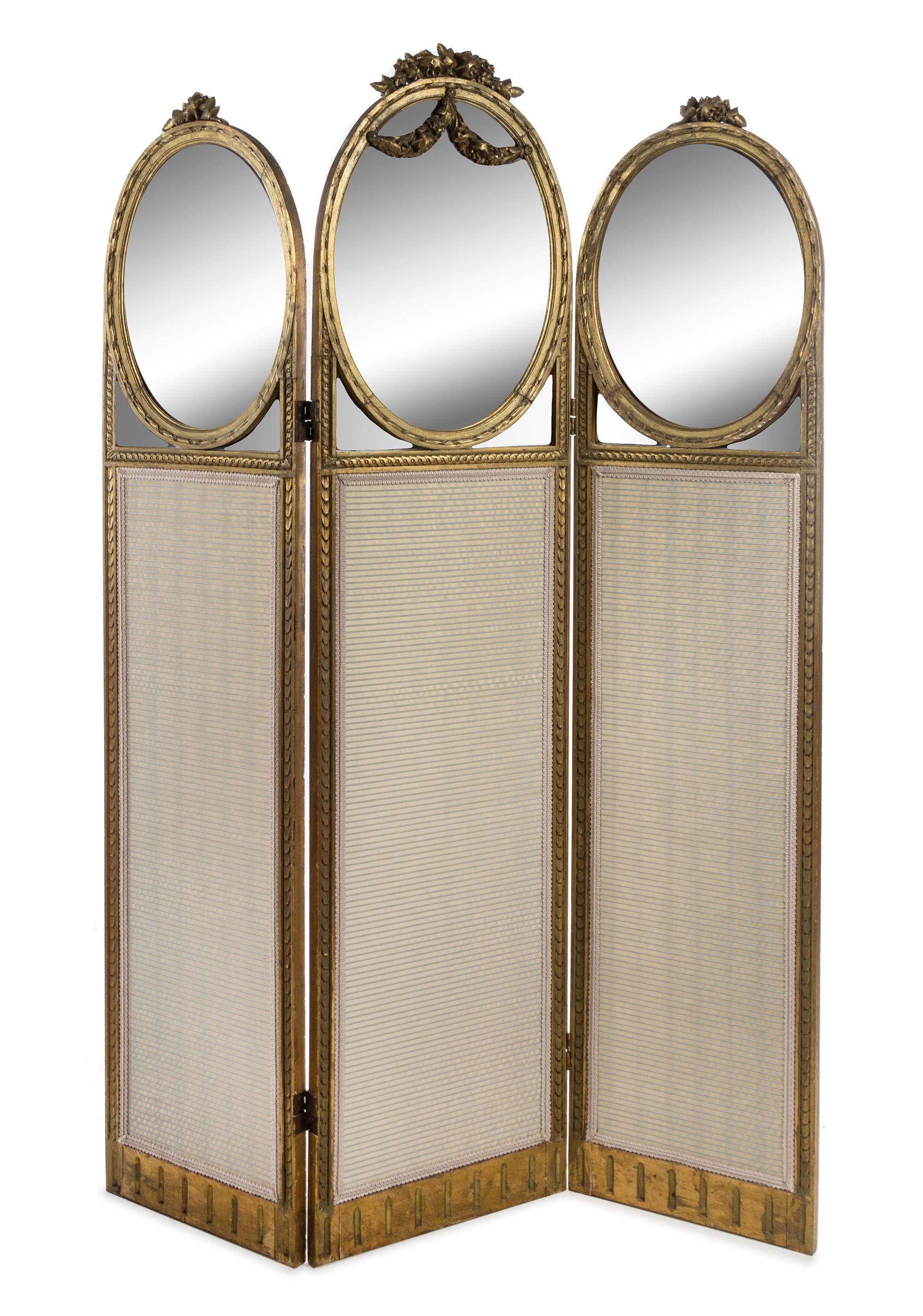 A Louis XVI Style Giltwood Three-Panel Floor Screen — LATE 19TH CENTURY