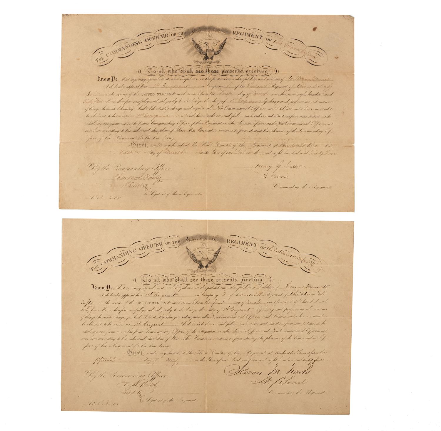 [CIVIL WAR]. A group of 6 documents identified to William Bennett, Co. C, 19th Ohio Infantry.