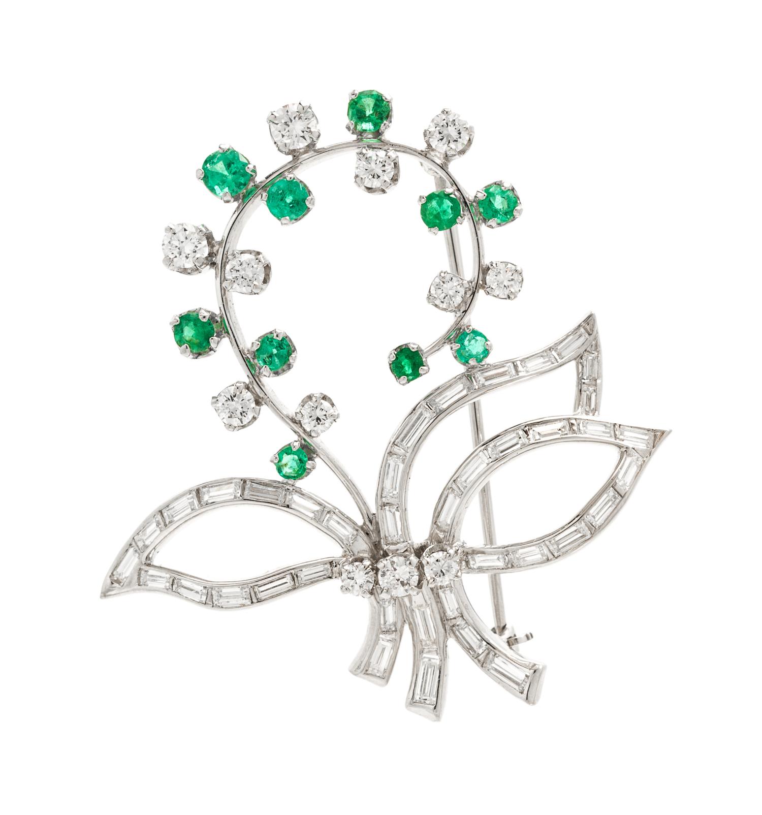 A Platinum, Diamond and Emerald Brooch, 8.50 dwts.