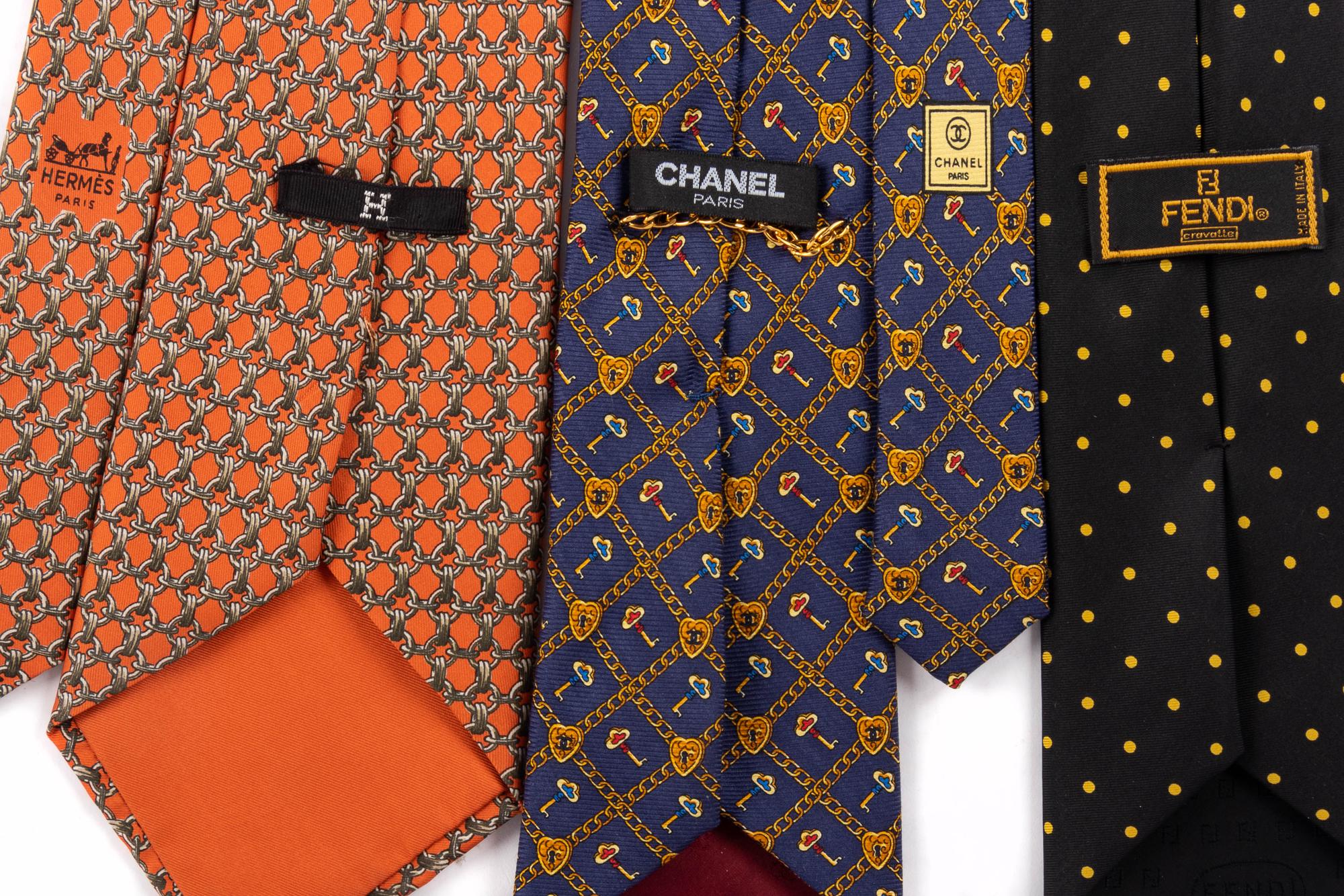 Three Men's Designer Ties: One Hermès, One Fendi, One Chanel