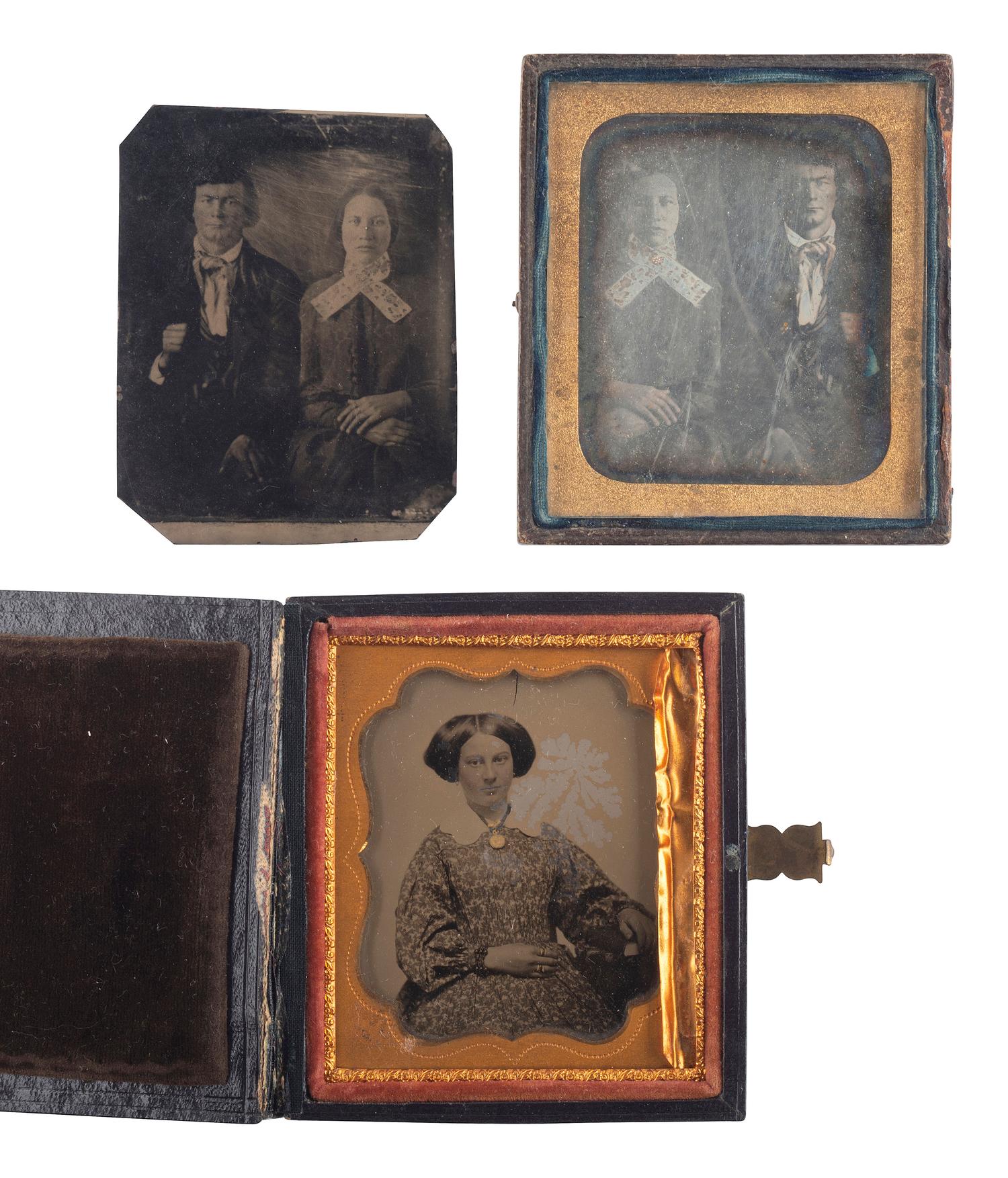 [EARLY PHOTOGRAPHY]. A collection of pairs and trios of cased images featuring the same male and female subjects, including many likely copy images, including: