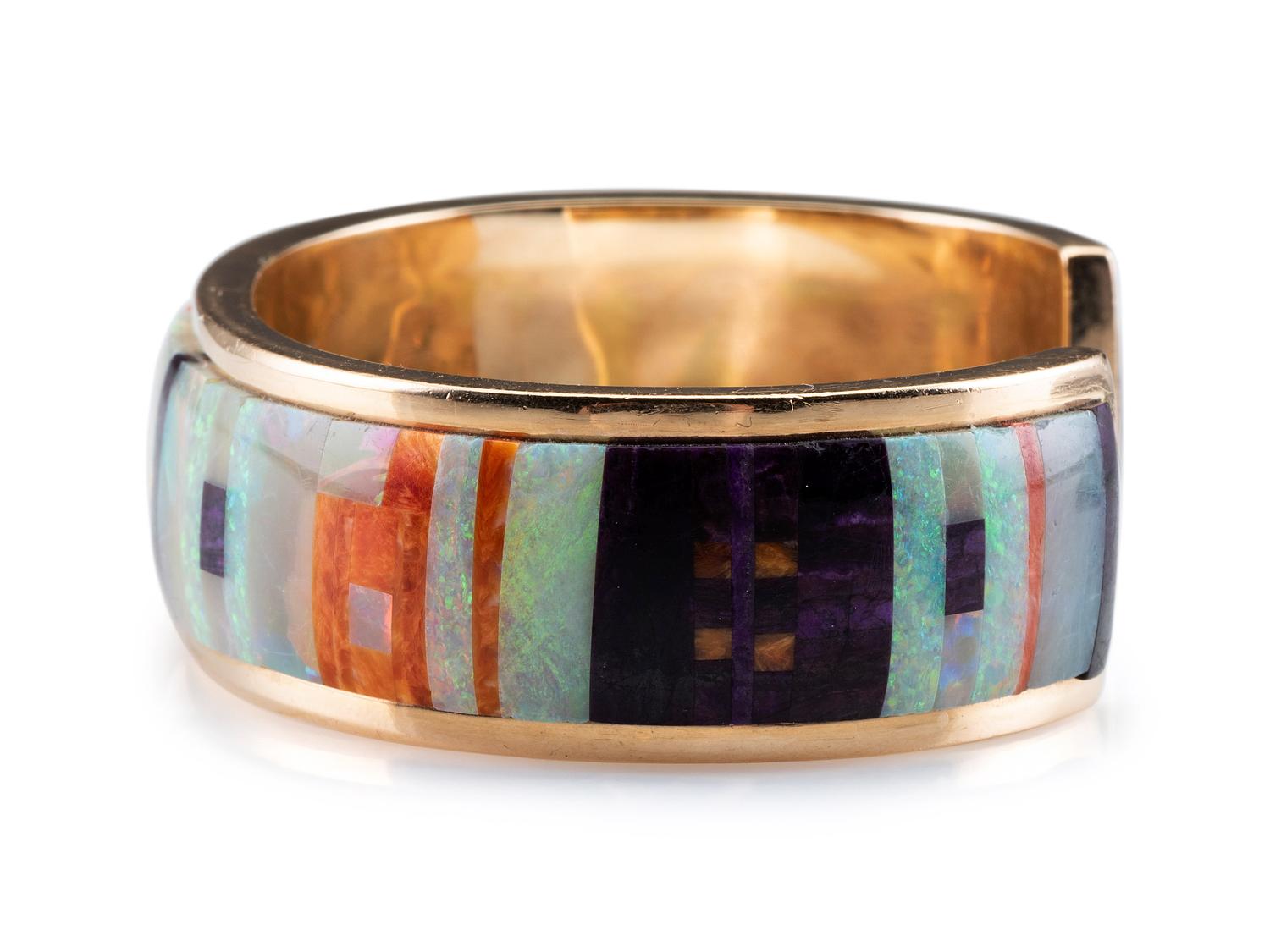 14K Gold Cuff Bracelet, Set with Opal, Spiny Oyster, and Sugilite Mosaic Inlay