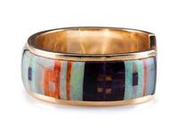14K Gold Cuff Bracelet, Set with Opal, Spiny Oyster, and Sugilite Mosaic Inlay