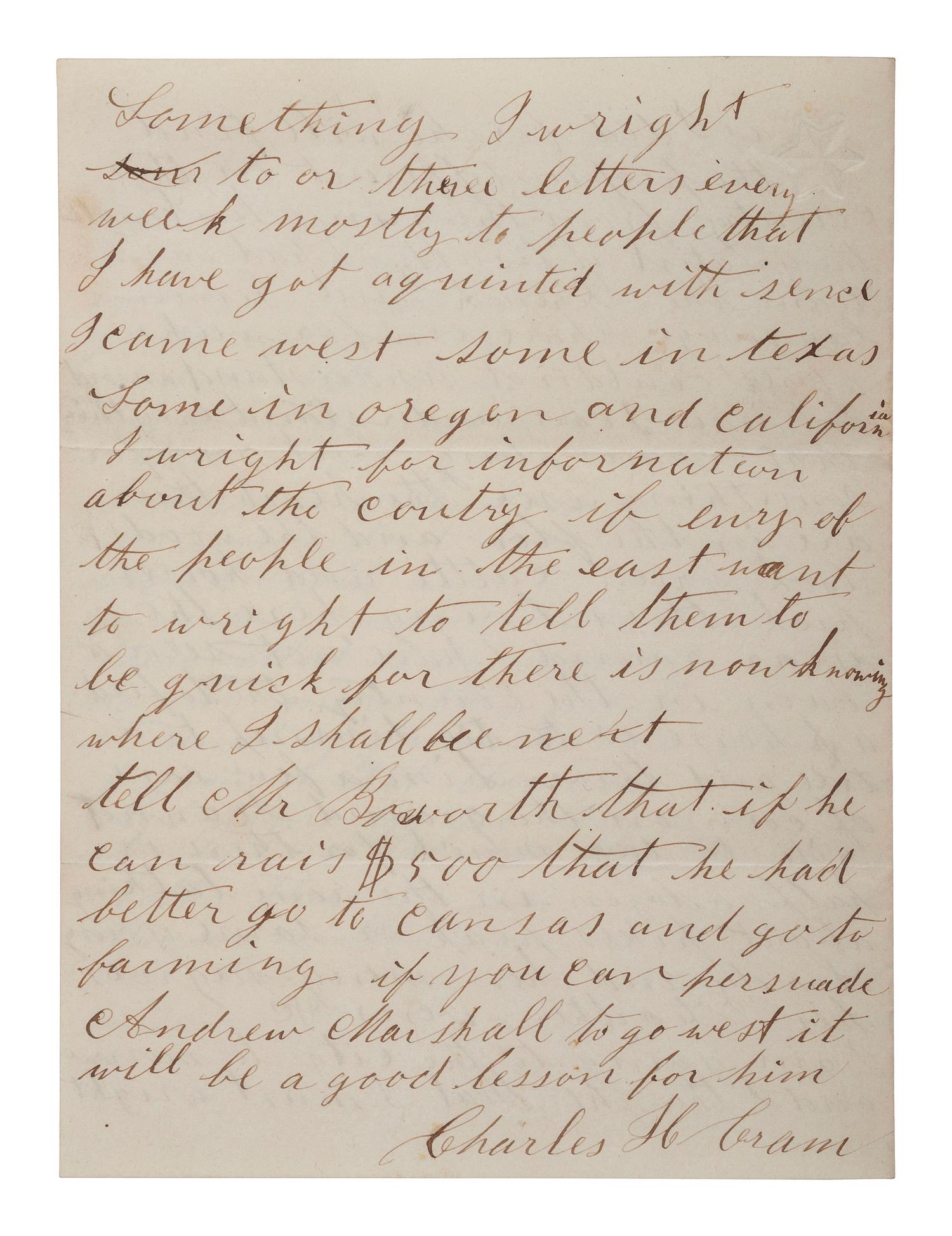 [SLAVERY & ABOLITION]. CRAM, Charles H. Autograph letter signed ("Charles M. Cram"). [Missouri], 1 April 1860. Describing life for Black people in Missouri.