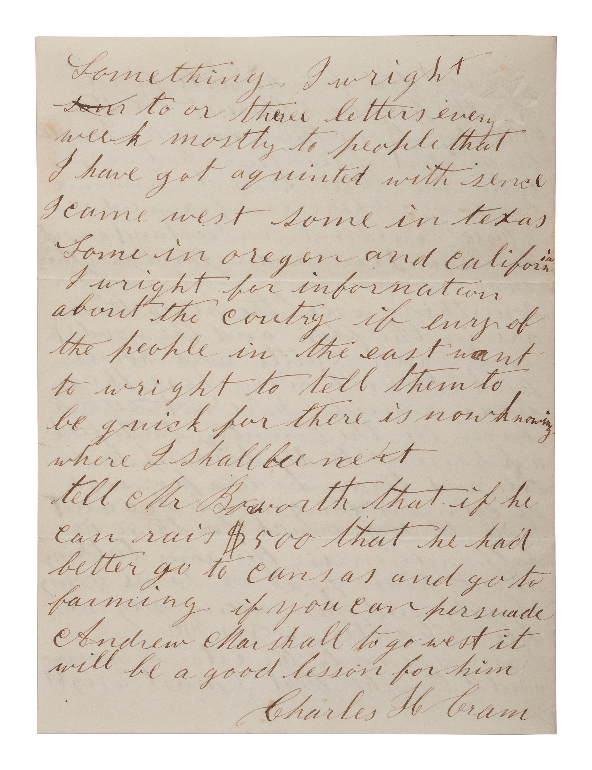 [SLAVERY & ABOLITION]. CRAM, Charles H. Autograph letter signed ("Charles M. Cram"). [Missouri], 1 April 1860. Describing life for Black people in Missouri.