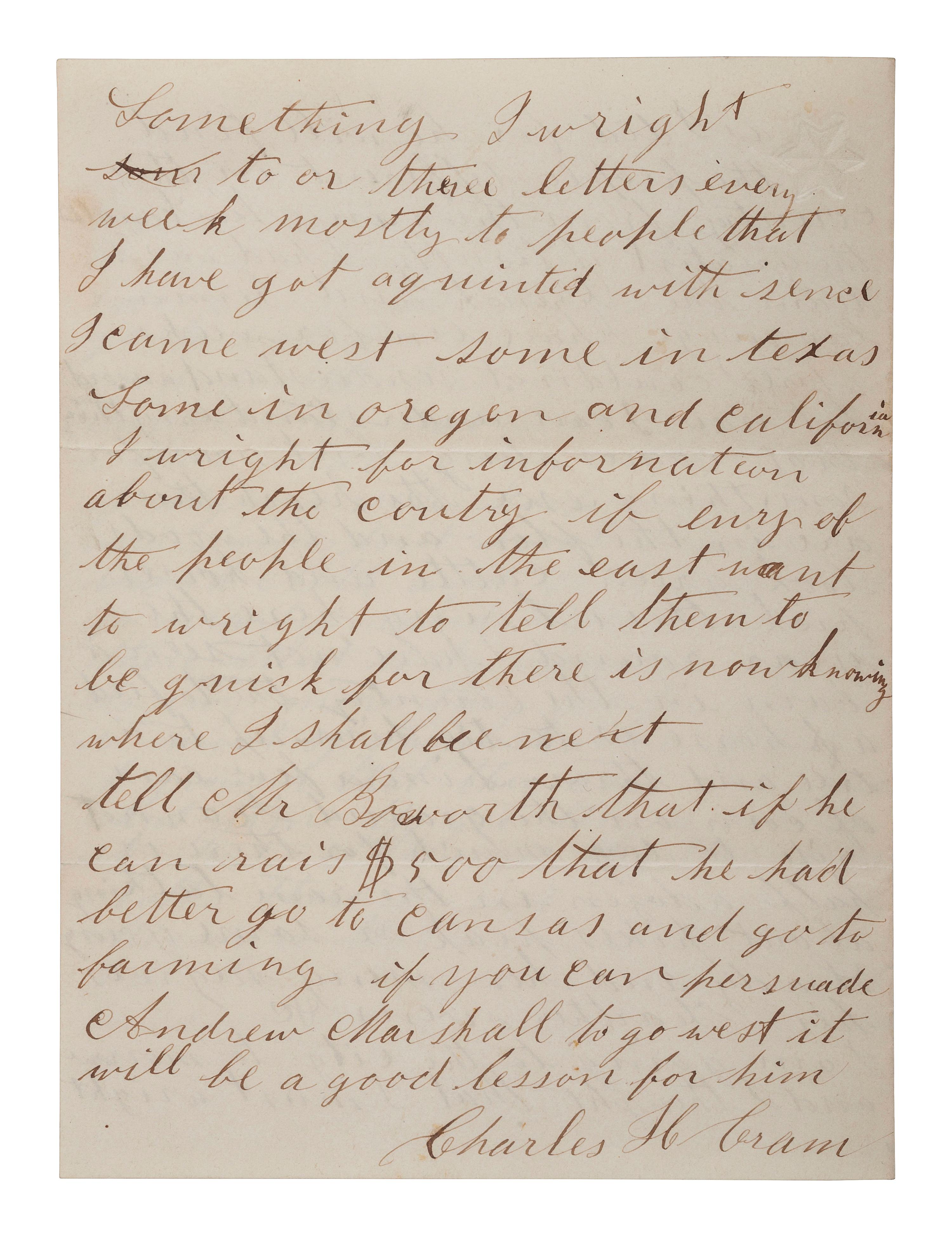 [SLAVERY & ABOLITION]. CRAM, Charles H. Autograph letter signed ("Charles M. Cram"). [Missouri], 1 April 1860. Describing life for Black people in Missouri.