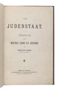 [JUDAICA]. -- HERZL, Theodor (1860-1904). Der Judenstaat. Versuch einer moernen Lösung der Judenfrage . Leipzig and Vienna: M Breitenstein, 1896.