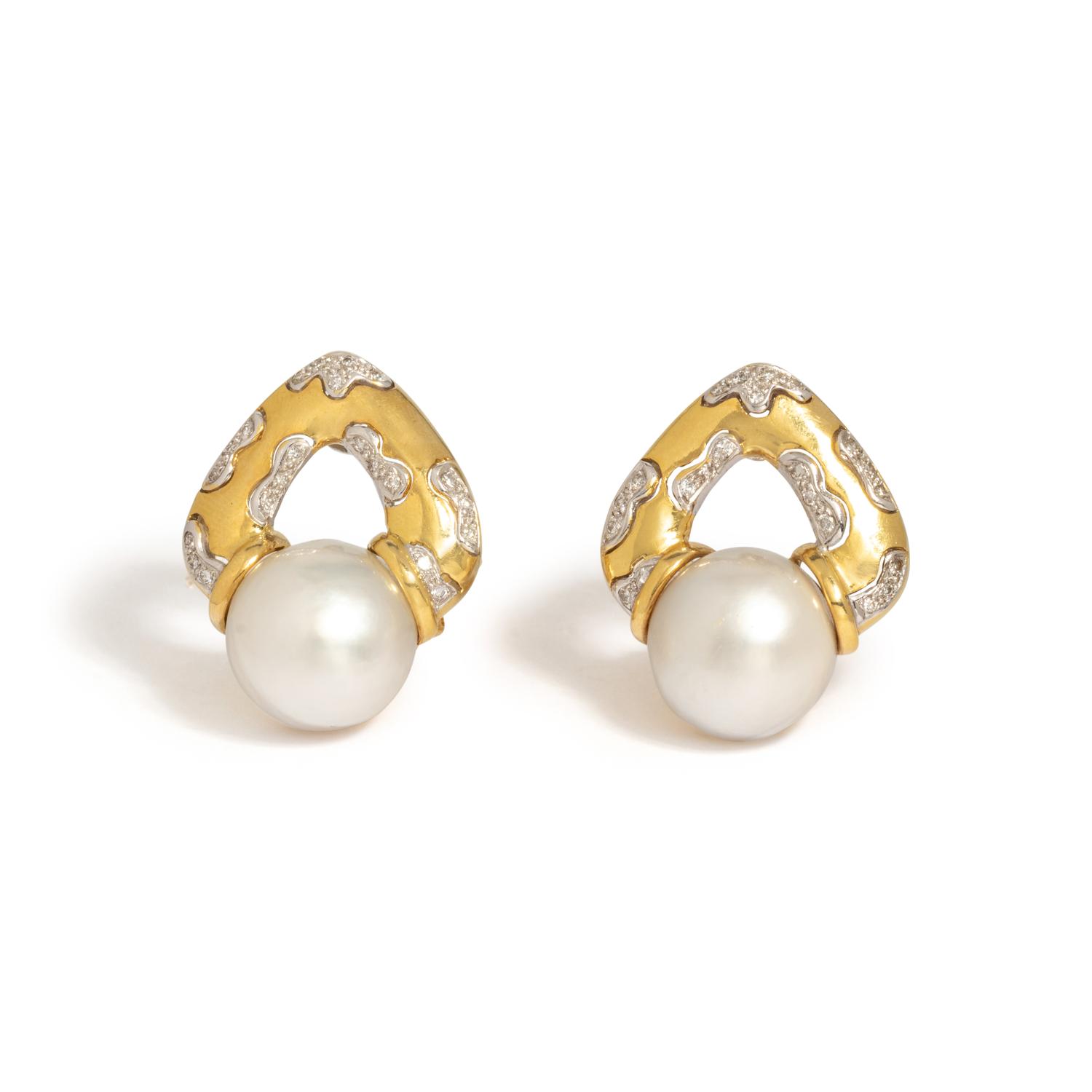 BICOLOR GOLD, CULTURED SOUTH SEA PEARL AND DIAMOND EARCLIPS