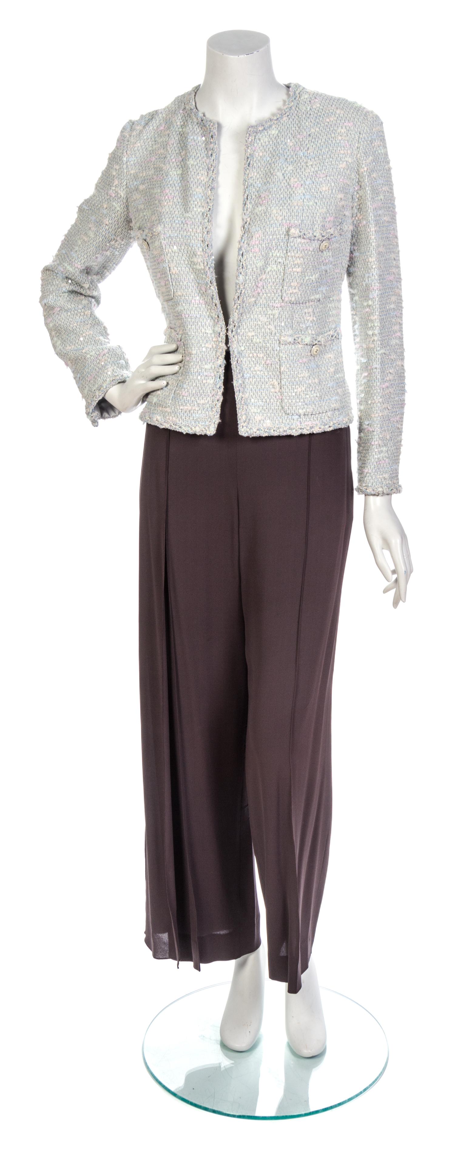 A Chanel Cotton Candy Boucle Boxy Jacket, Jacket size 42, pants size 42.