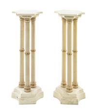 A Pair of Painted and Parcel Gilt Wood and Marble Pedestals Height 35 inches. — 20TH CENTURY