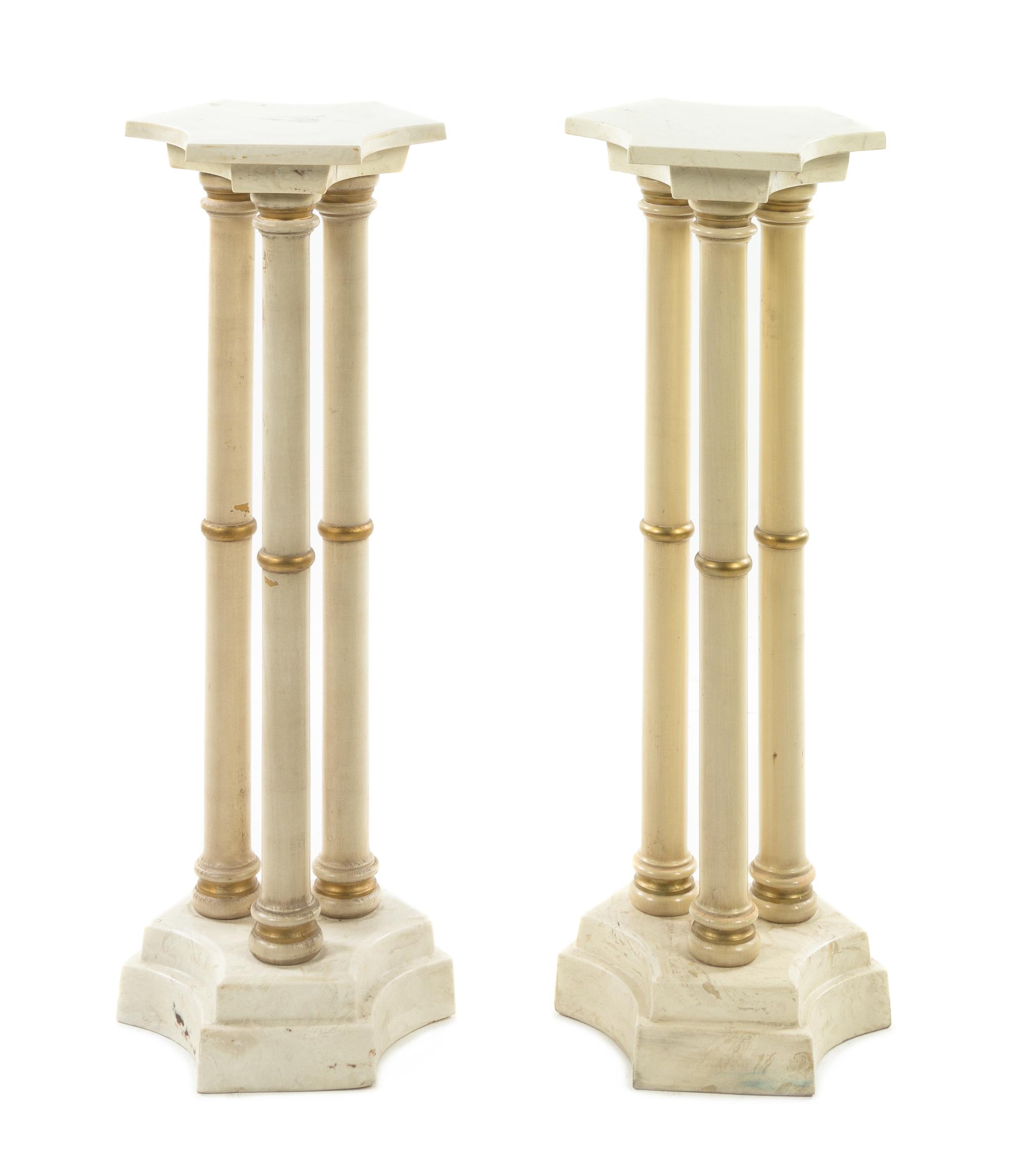 A Pair of Painted and Parcel Gilt Wood and Marble Pedestals Height 35 inches. — 20TH CENTURY