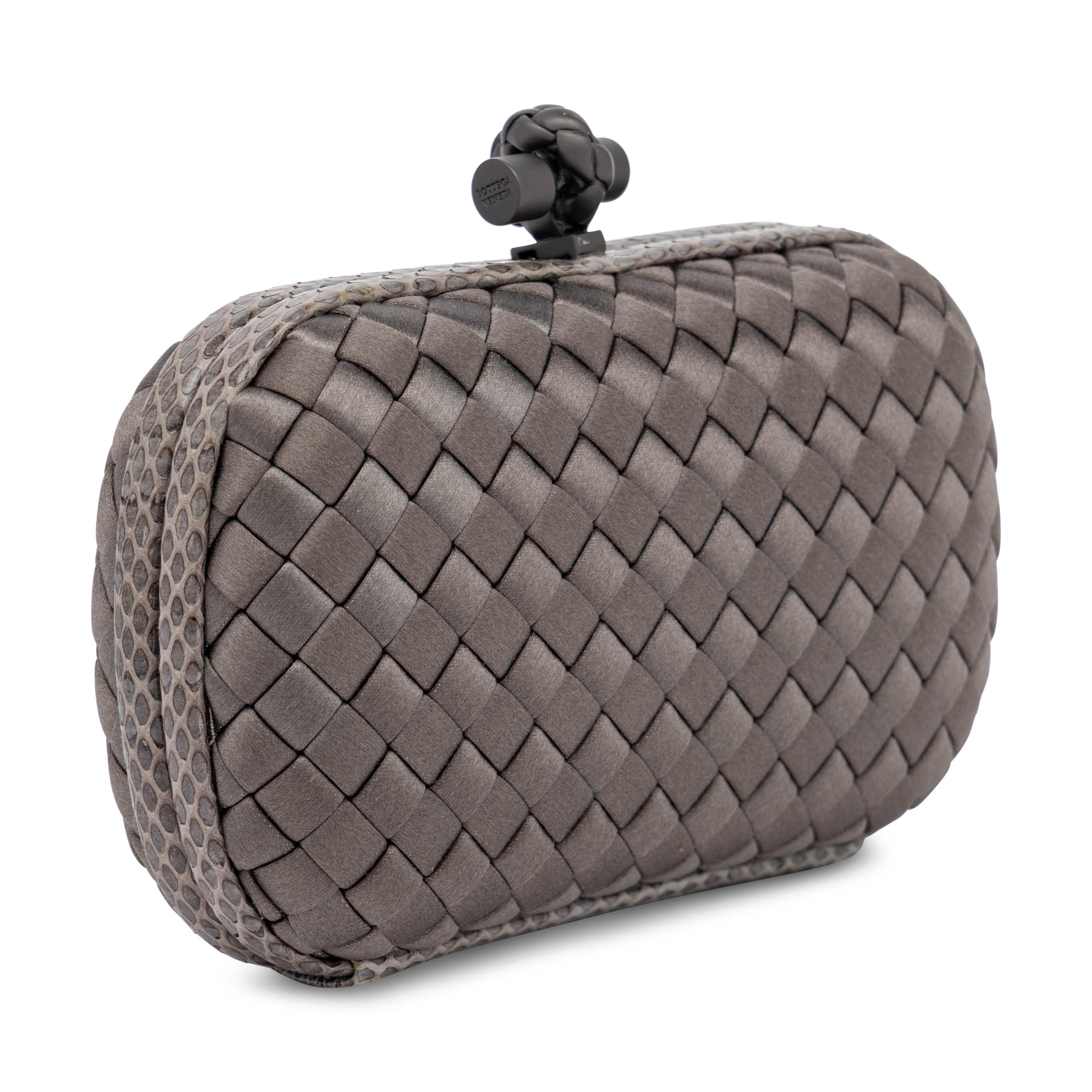 Bottega Veneta, Knot Clutch in Intrecciato Grey Satin & Snakeskin