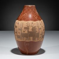 Redware Pottery Jar, with Sgraffito Deer and Parrots