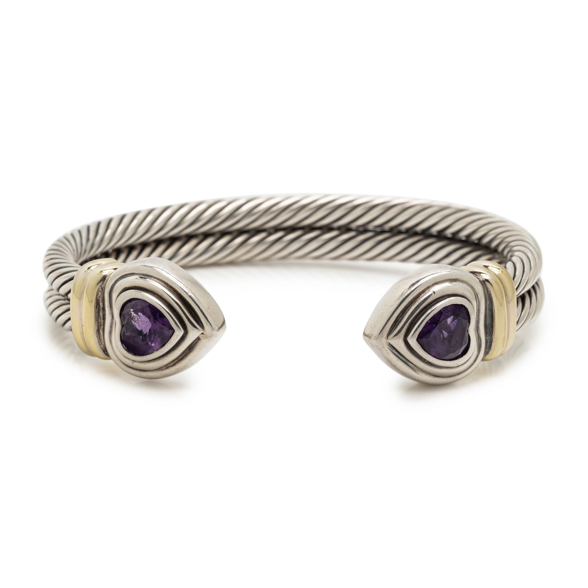 DAVID YURMAN, STERLING SILVER, YELLOW GOLD AND AMETHYST 'DOUBLE CABLE HEART' CUFF BRACELET
