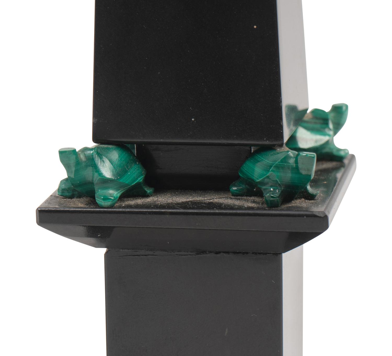 A Pair of Grand Tour Style Malachite and Black Stone Obelisks
