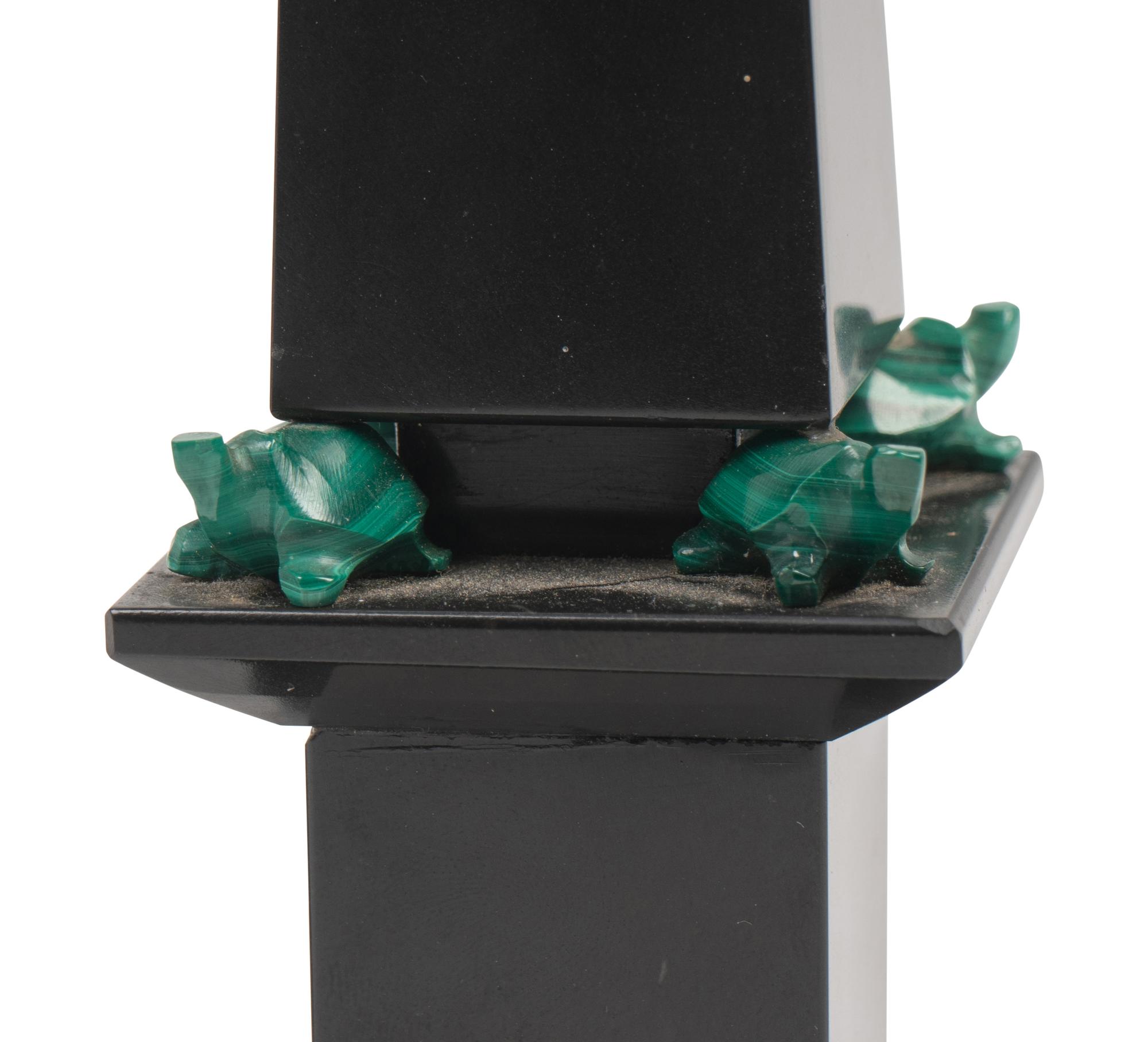 A Pair of Grand Tour Style Malachite and Black Stone Obelisks