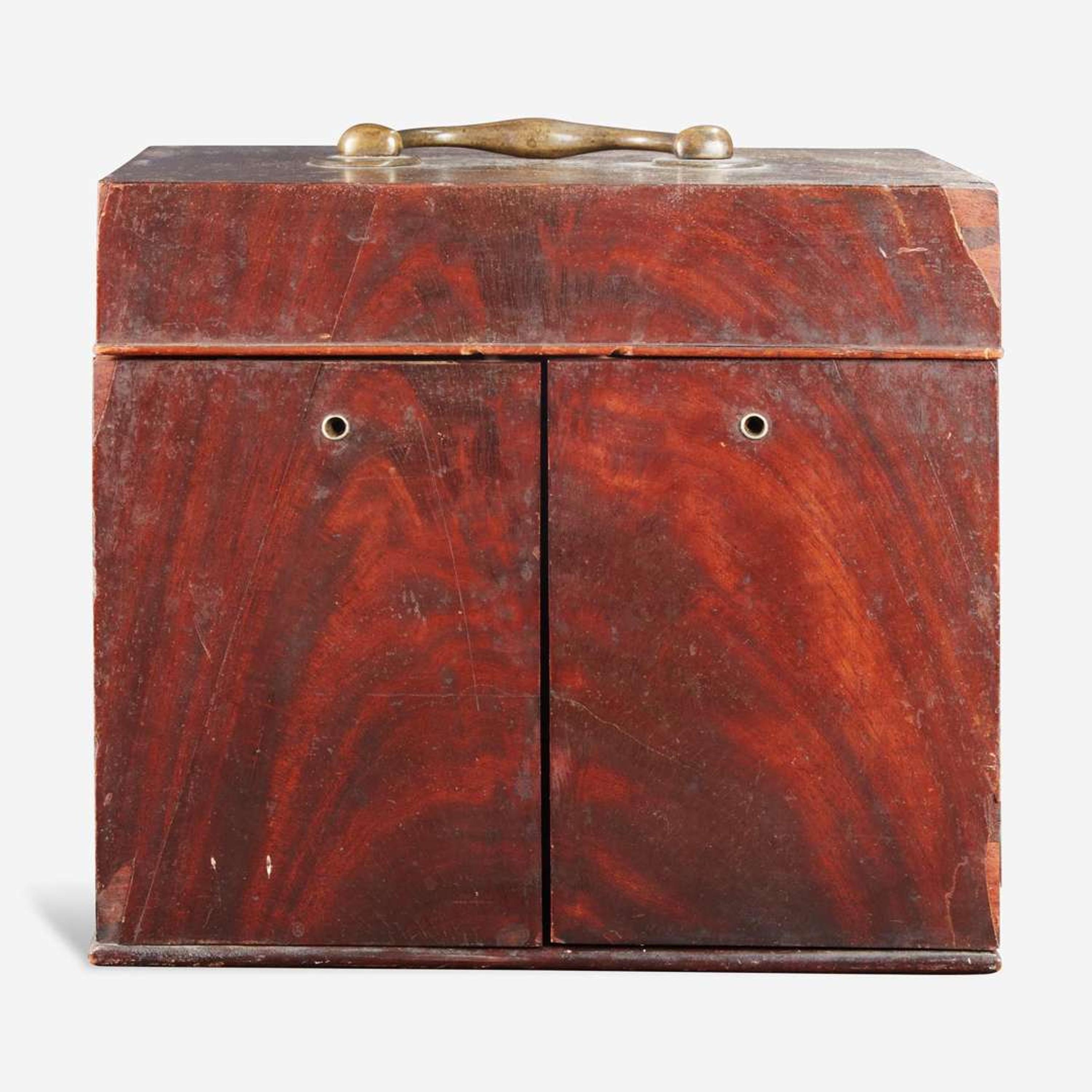 Washington Family associated items: pair of bottle sliders, punch ladle and portable mahogany medicine chest associated with Dr. Samuel Walter Washington The medicine chest probably England, late 18th / early 19th century