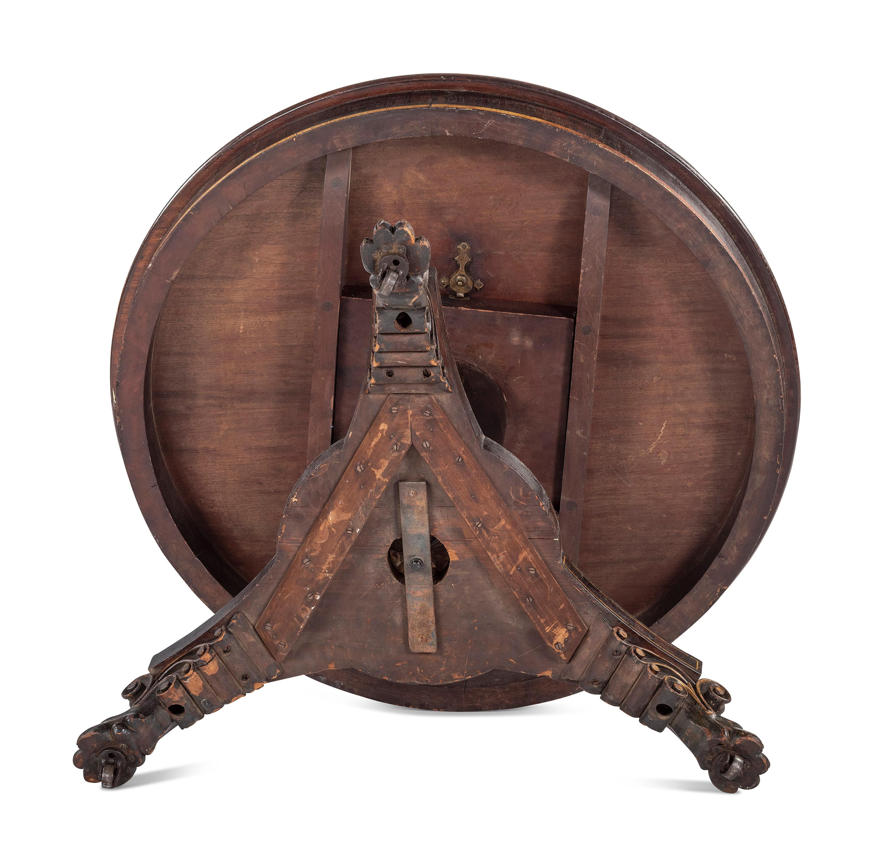 A Classical Parcel Gilt, Stencil Decorated, Carved and Inlaid Mahogany Tilt-Top Claw-Foot Breakfast Table