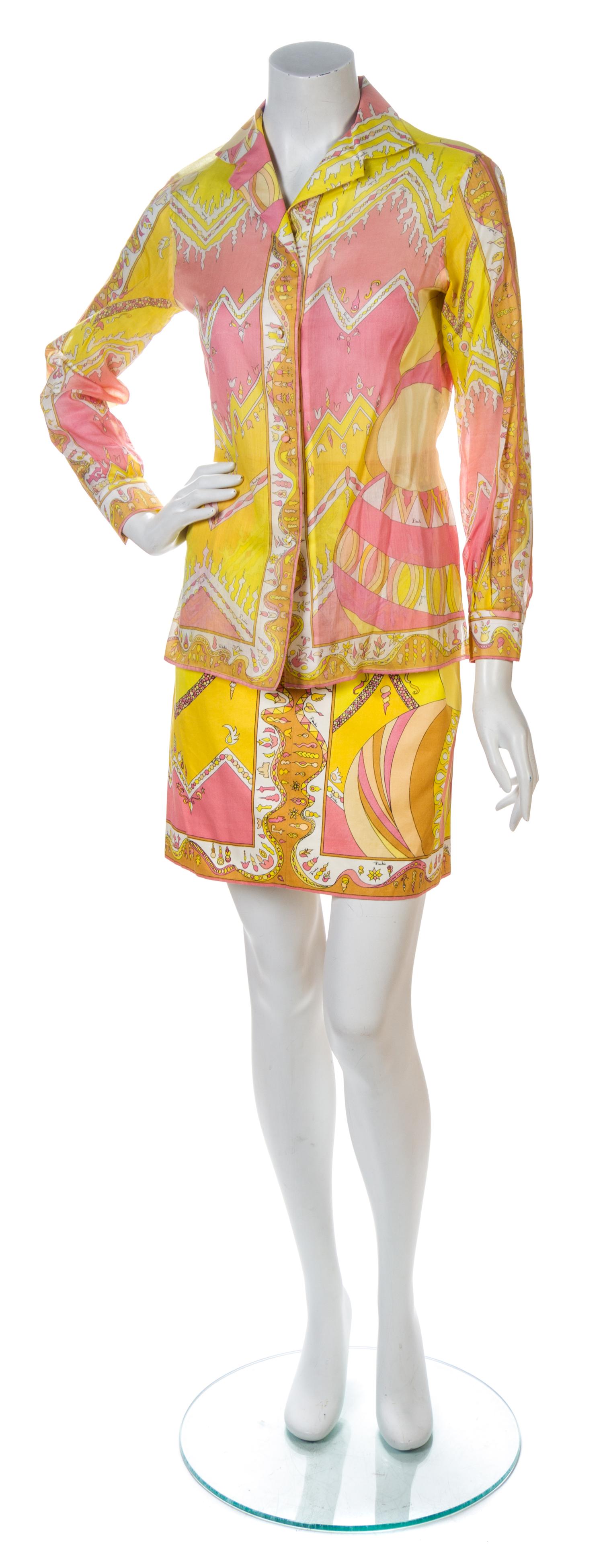 An Emilio Pucci Pink and Yellow Print Cotton Skirt Ensemble, Shirt size 10, skirt size 8.