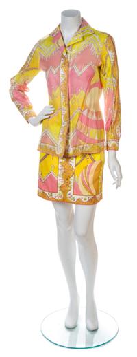 An Emilio Pucci Pink and Yellow Print Cotton Skirt Ensemble, Shirt size 10, skirt size 8.