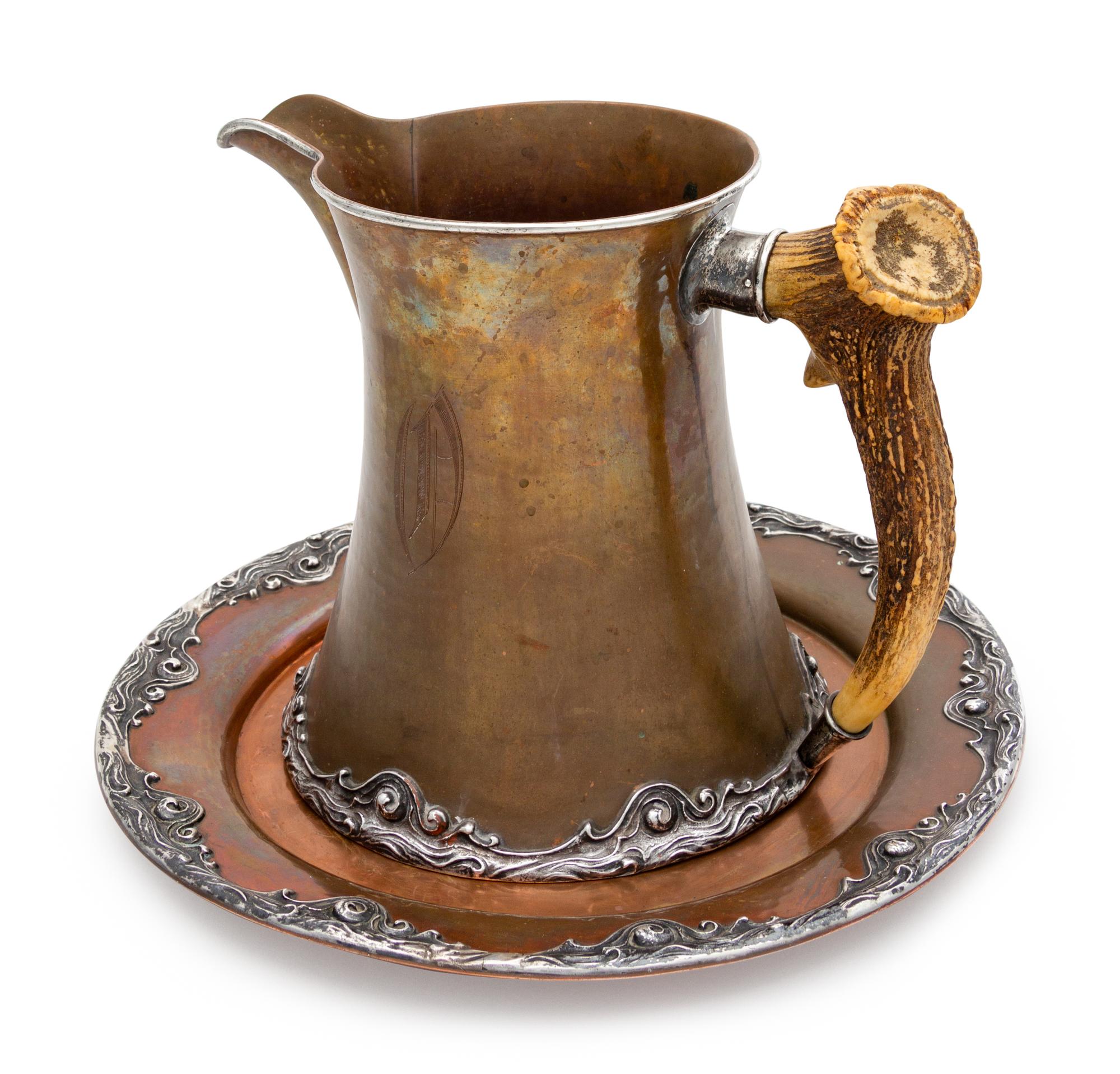 An American Mixed Metal Water Pitcher and Underplate