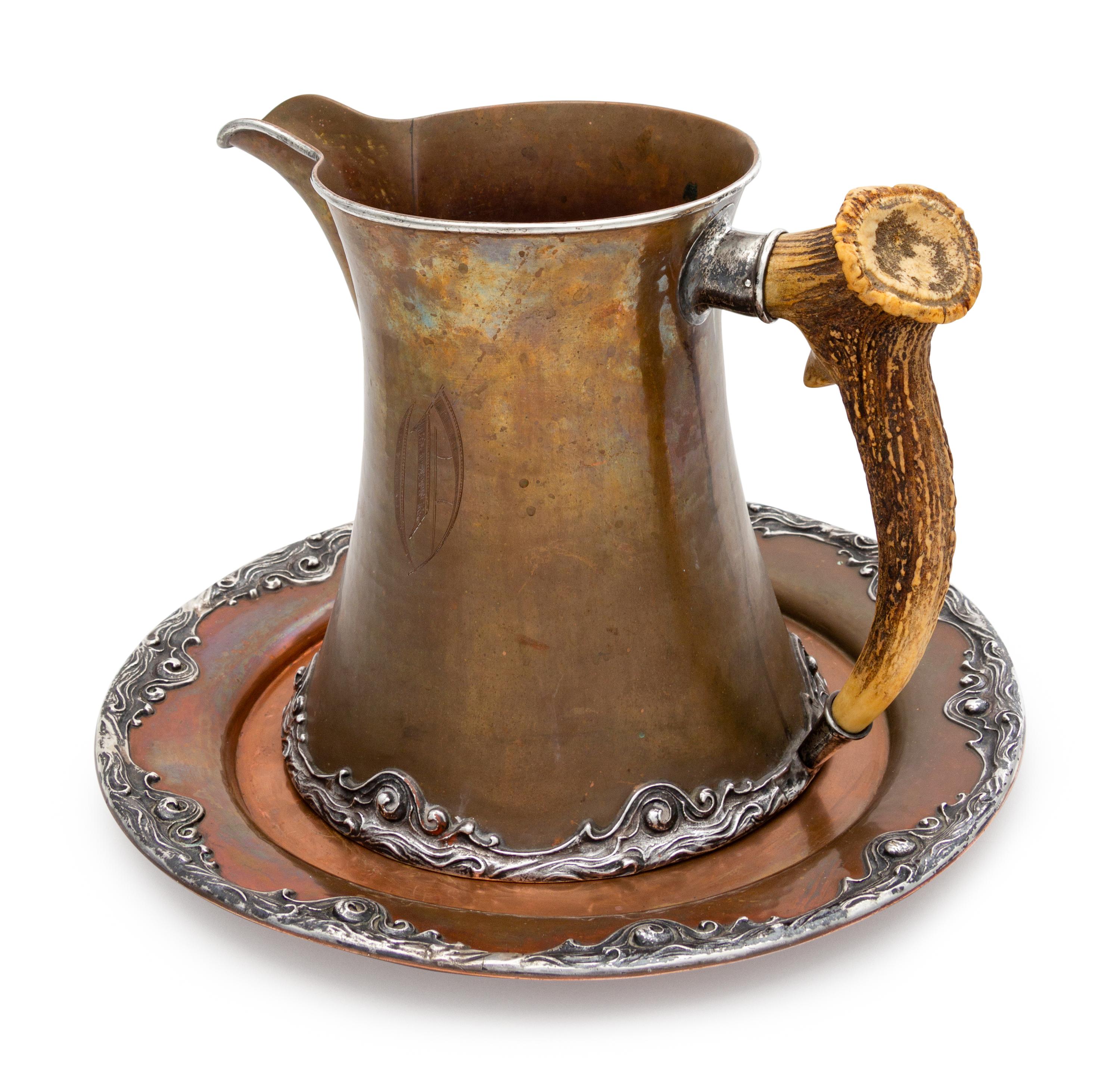 An American Mixed Metal Water Pitcher and Underplate