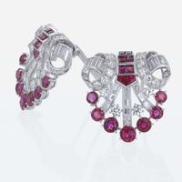 An Art Deco Diamond, and Ruby Duette Double Clip Brooch C. 1930's Bailey, Banks, & Biddle