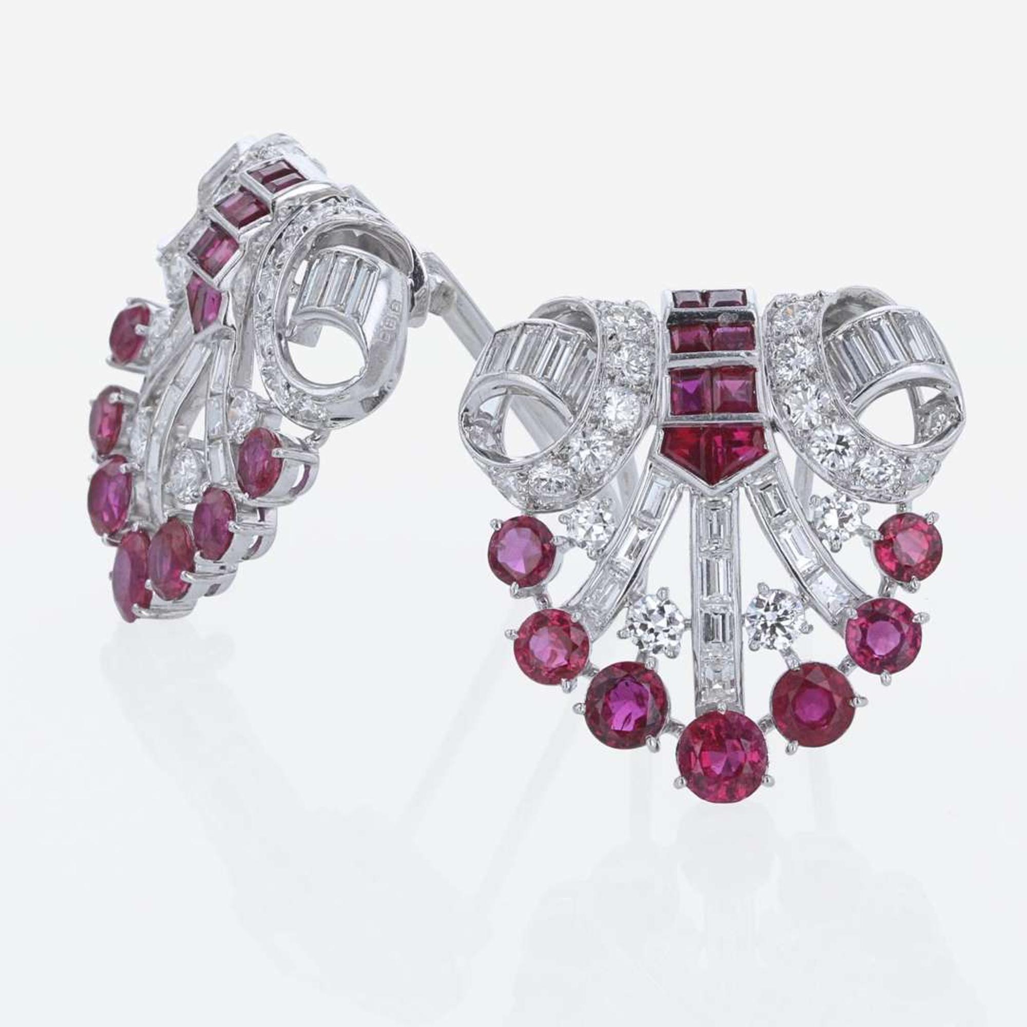 An Art Deco Diamond, and Ruby Duette Double Clip Brooch C. 1930's Bailey, Banks, & Biddle