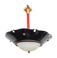 A Pair of Black Tole and Opaque Glass Hanging Lamps — 20TH CENTURY