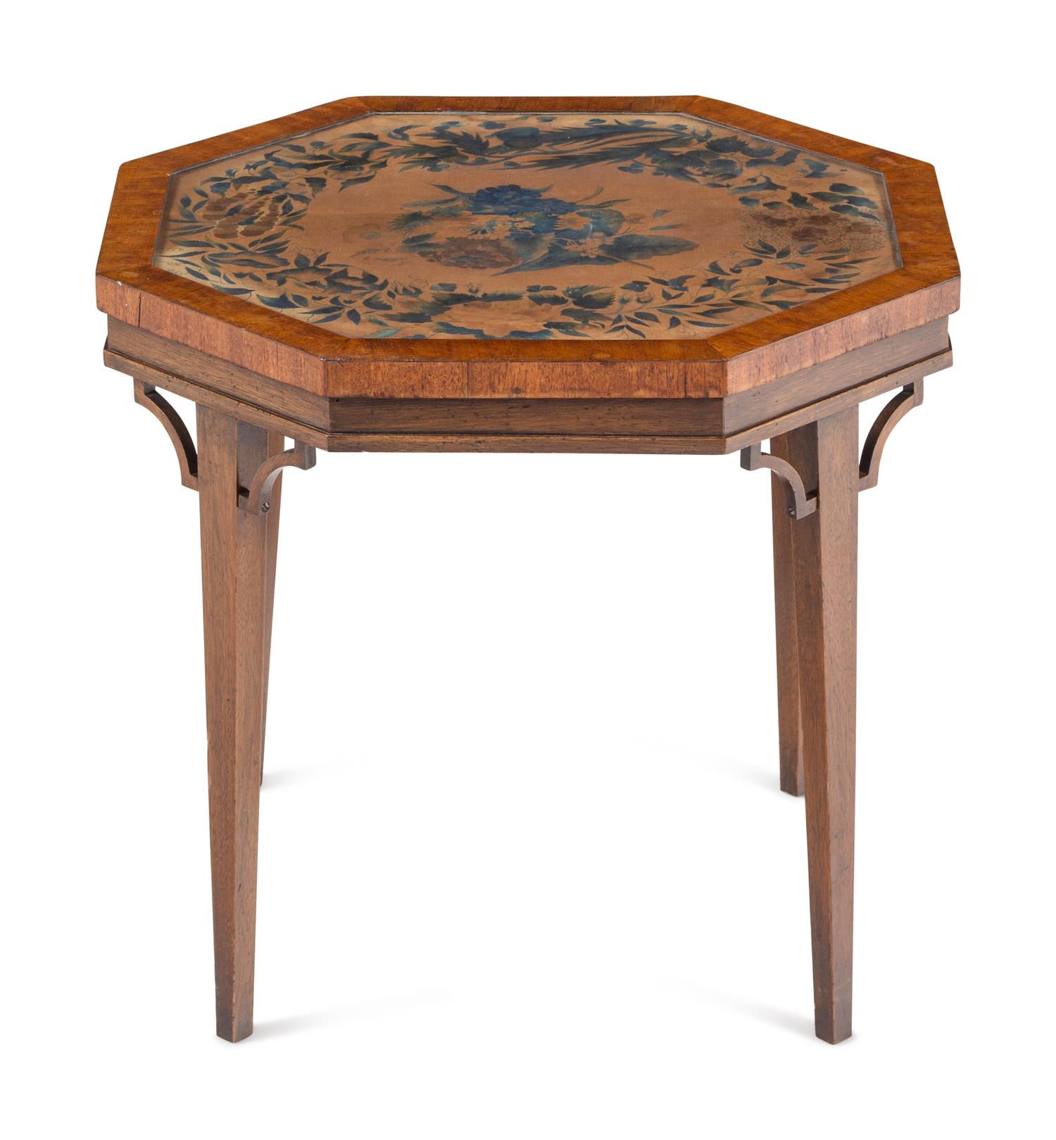 A Regency Painted Velvet, Glazed Hexagonal Table Top on Modern Stand