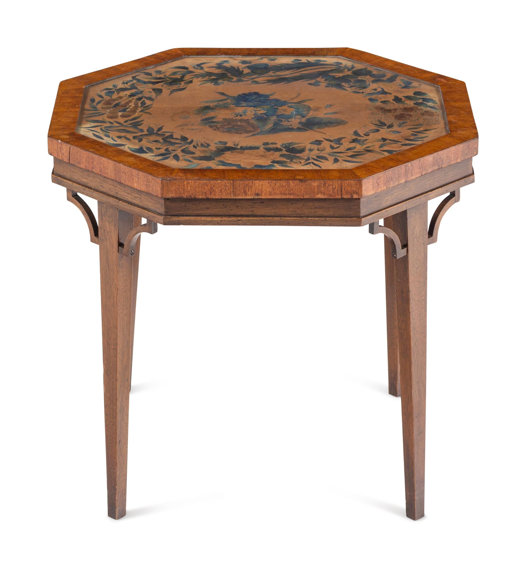 A Regency Painted Velvet, Glazed Hexagonal Table Top on Modern Stand
