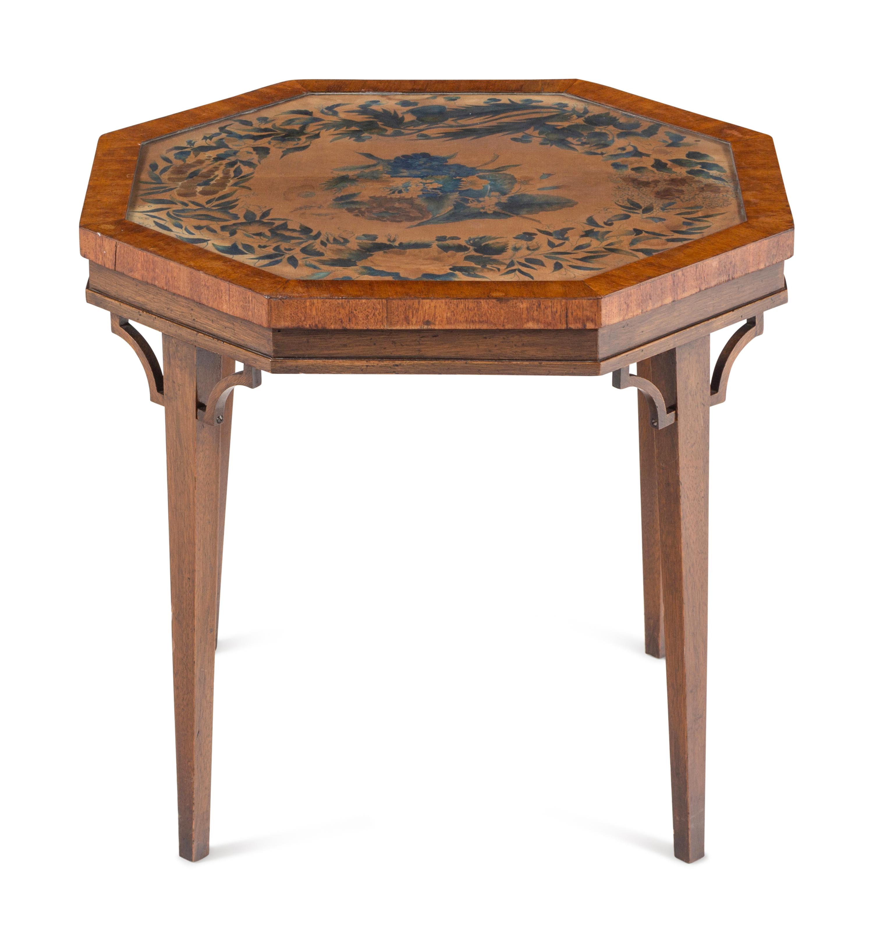 A Regency Painted Velvet, Glazed Hexagonal Table Top on Modern Stand