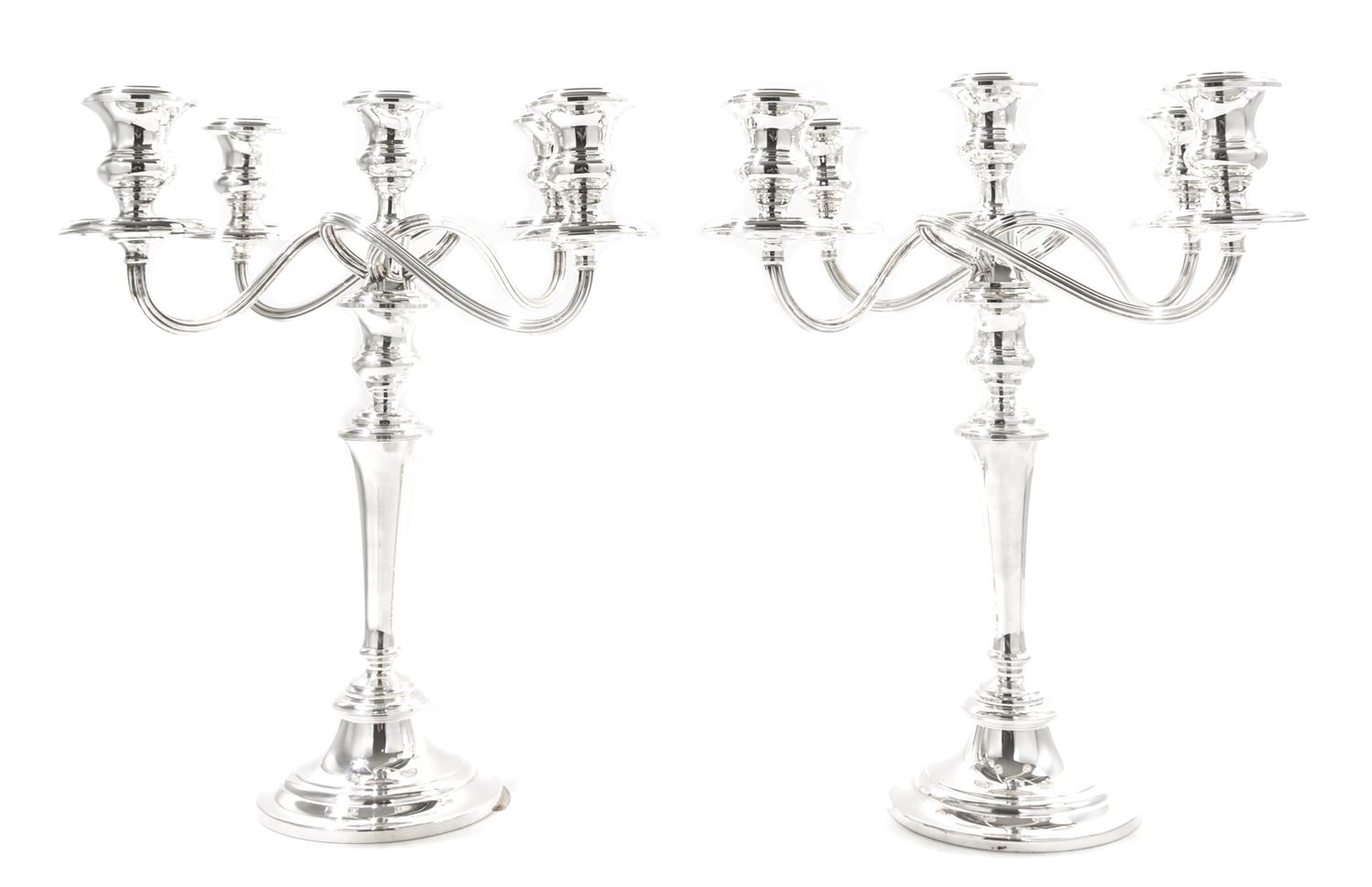 A Pair of American Silver Five-Light Candelabra, Gorham Mfg. Co., Providence, RI, Mid-20th Century, each having four serpentine branche