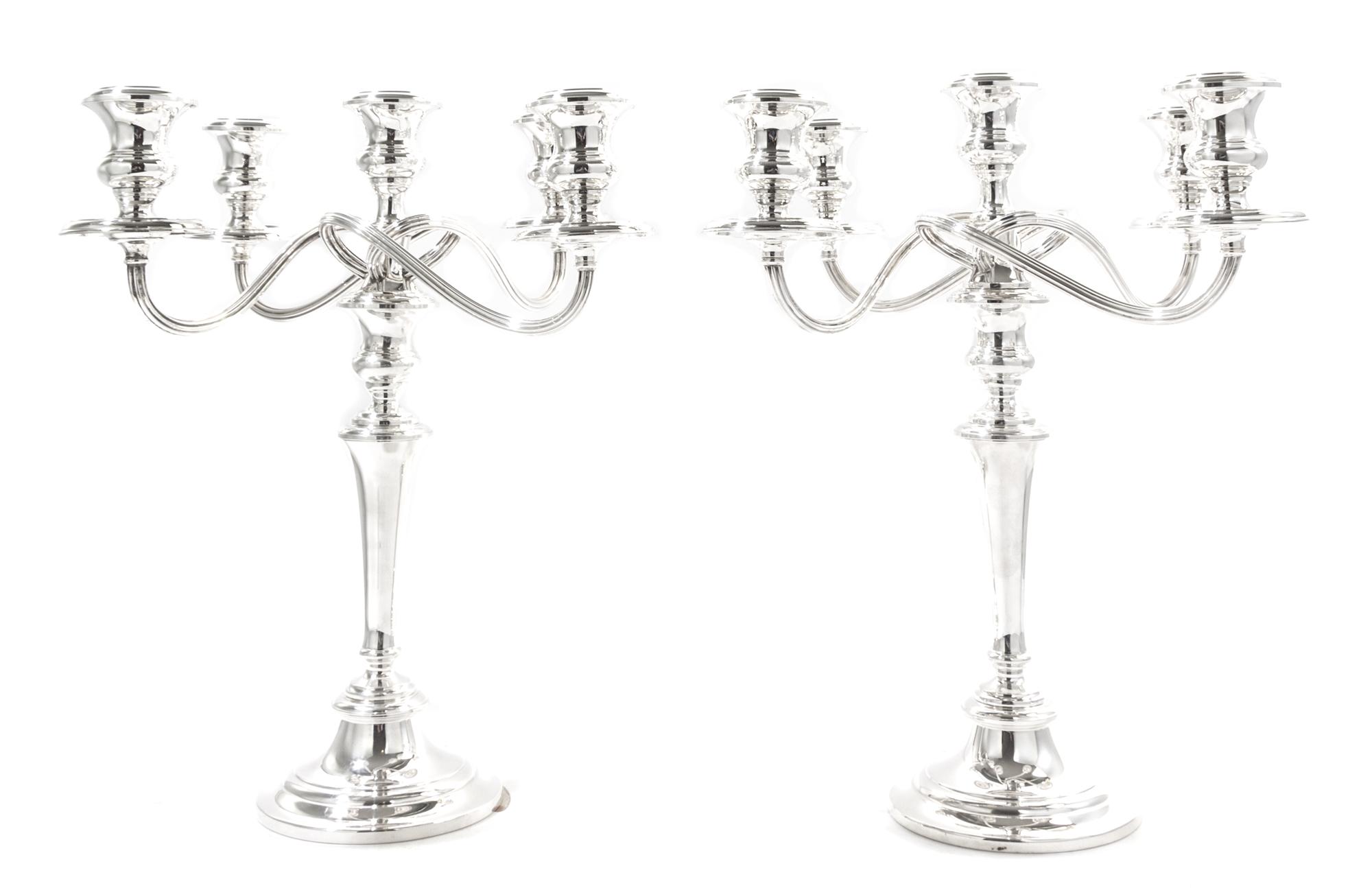 A Pair of American Silver Five-Light Candelabra, Gorham Mfg. Co., Providence, RI, Mid-20th Century, each having four serpentine branche