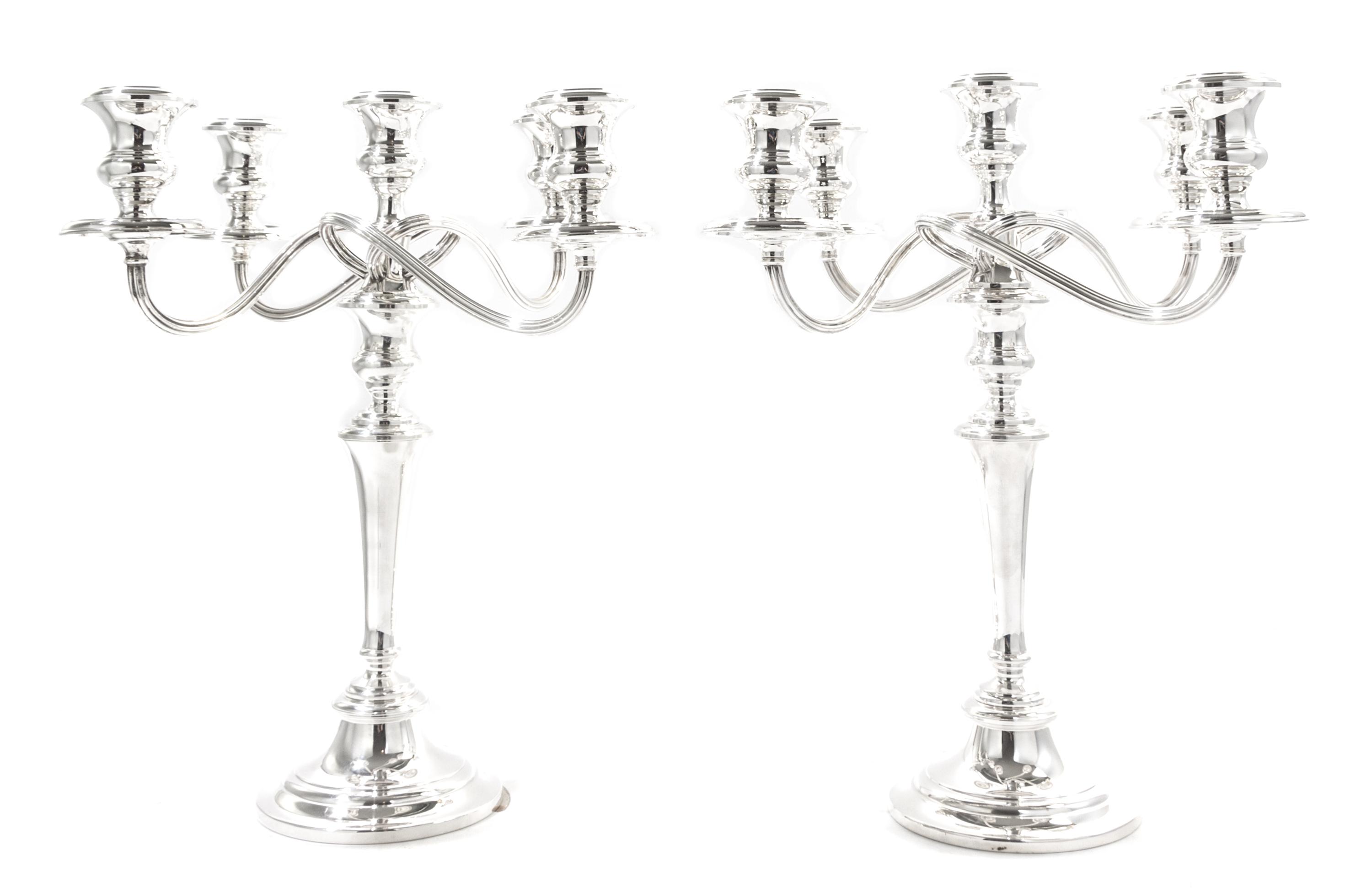 A Pair of American Silver Five-Light Candelabra, Gorham Mfg. Co., Providence, RI, Mid-20th Century, each having four serpentine branche