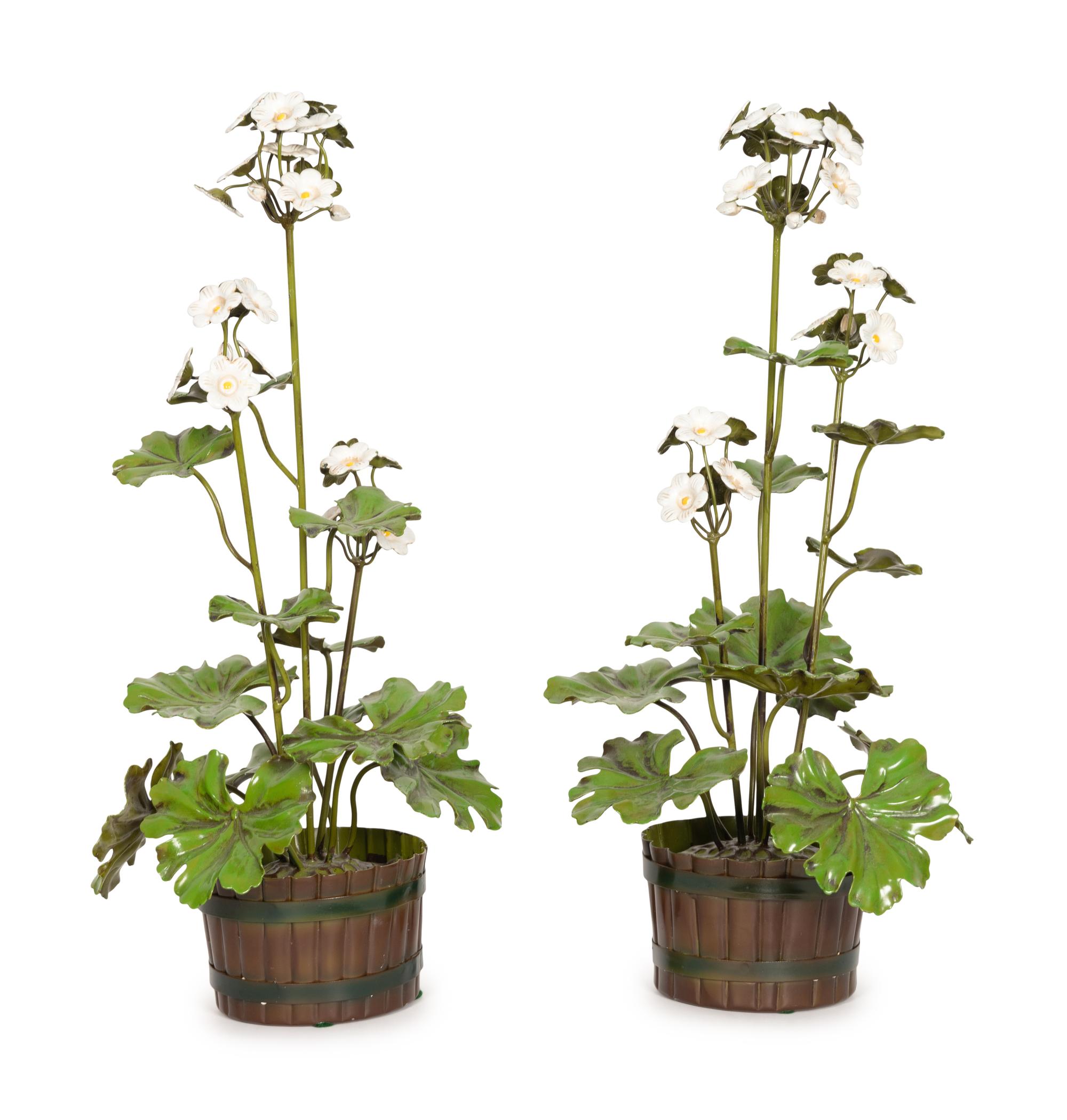 A Pair of Potted Tole Peinte Geraniums