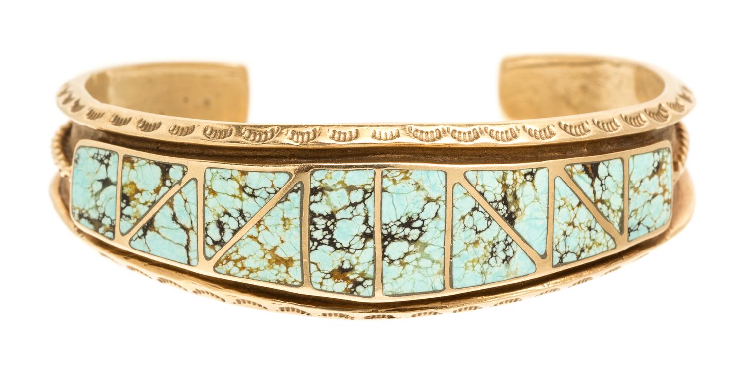 A 14 Karat Yellow Gold and Turquoise Cuff Bracelet, 29.80 dwts.