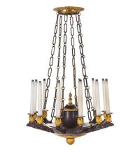A Restauration Gilt and Patinated Bronze Twelve-Light Chandelier
