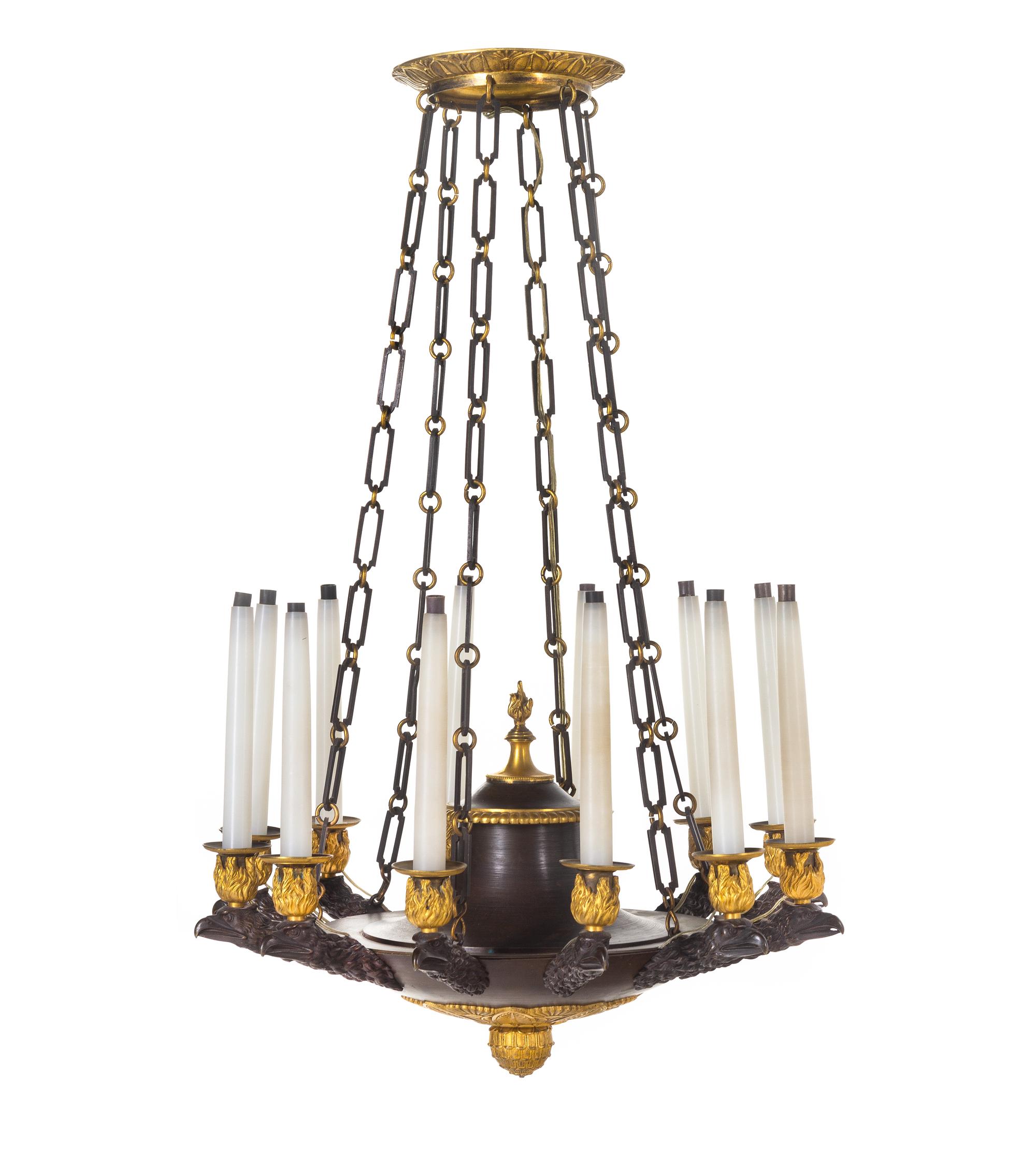 A Restauration Gilt and Patinated Bronze Twelve-Light Chandelier