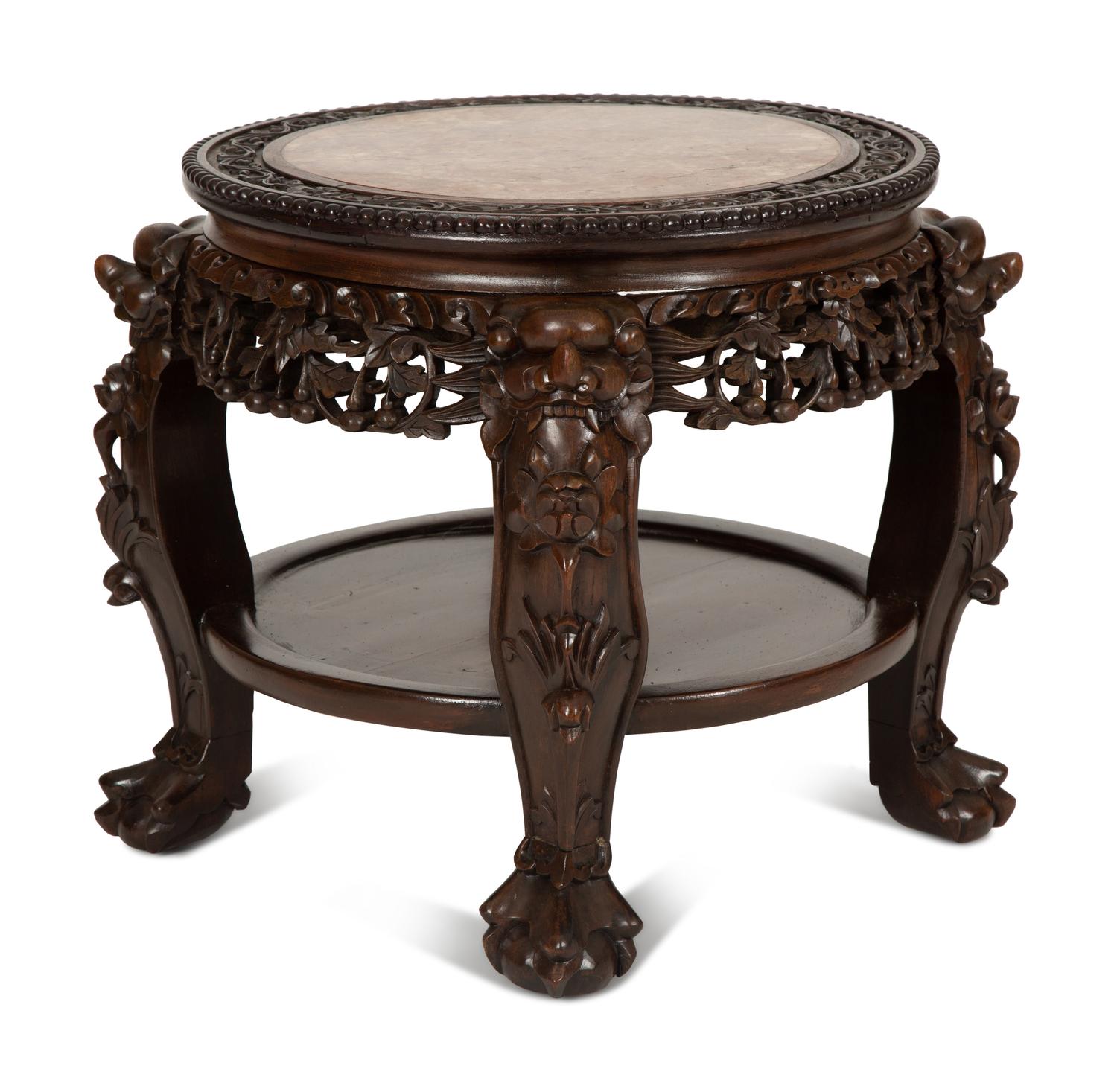 A Chinese Carved Hardwood Low Stand with Inset Marble Top
