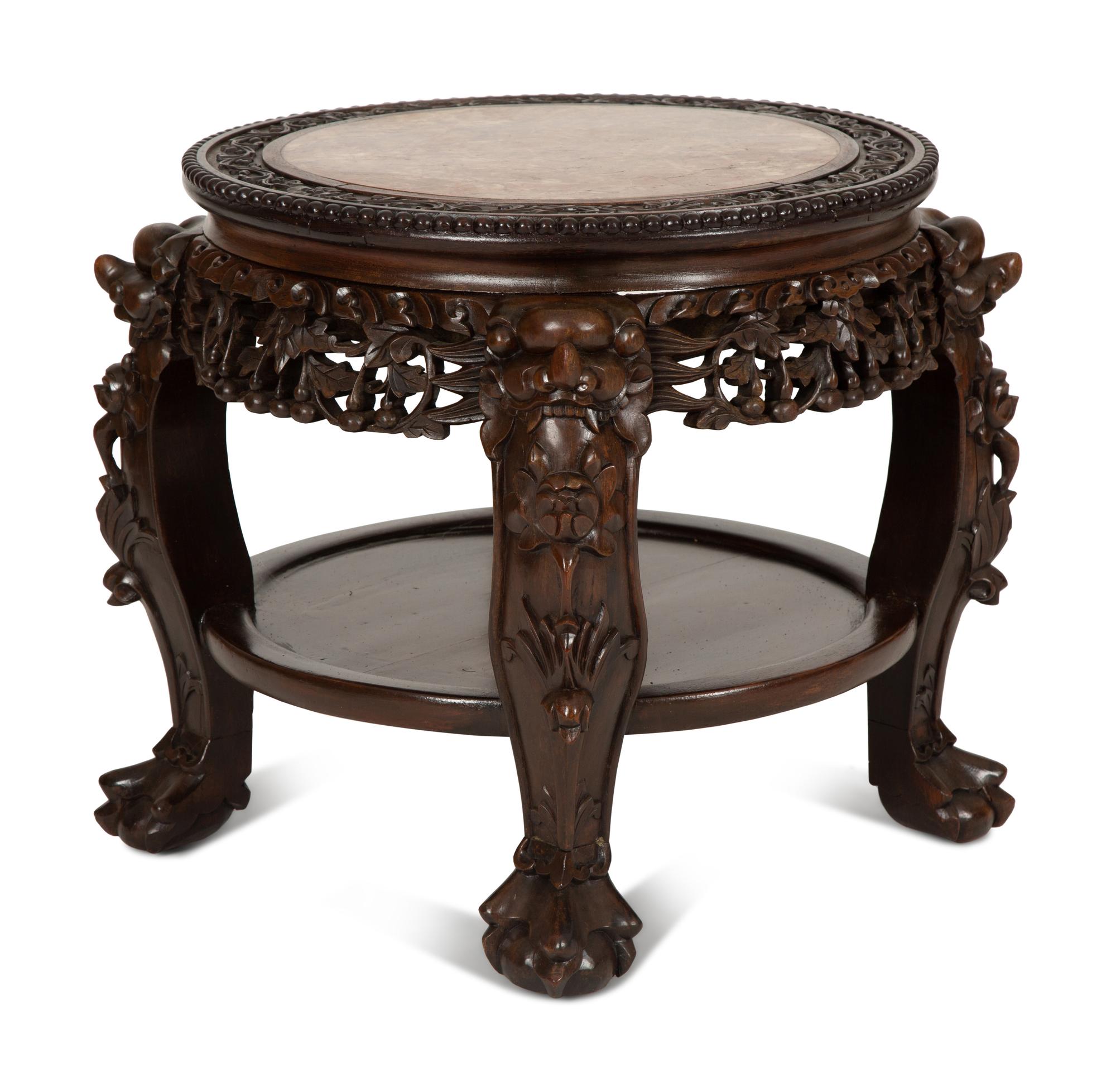 A Chinese Carved Hardwood Low Stand with Inset Marble Top