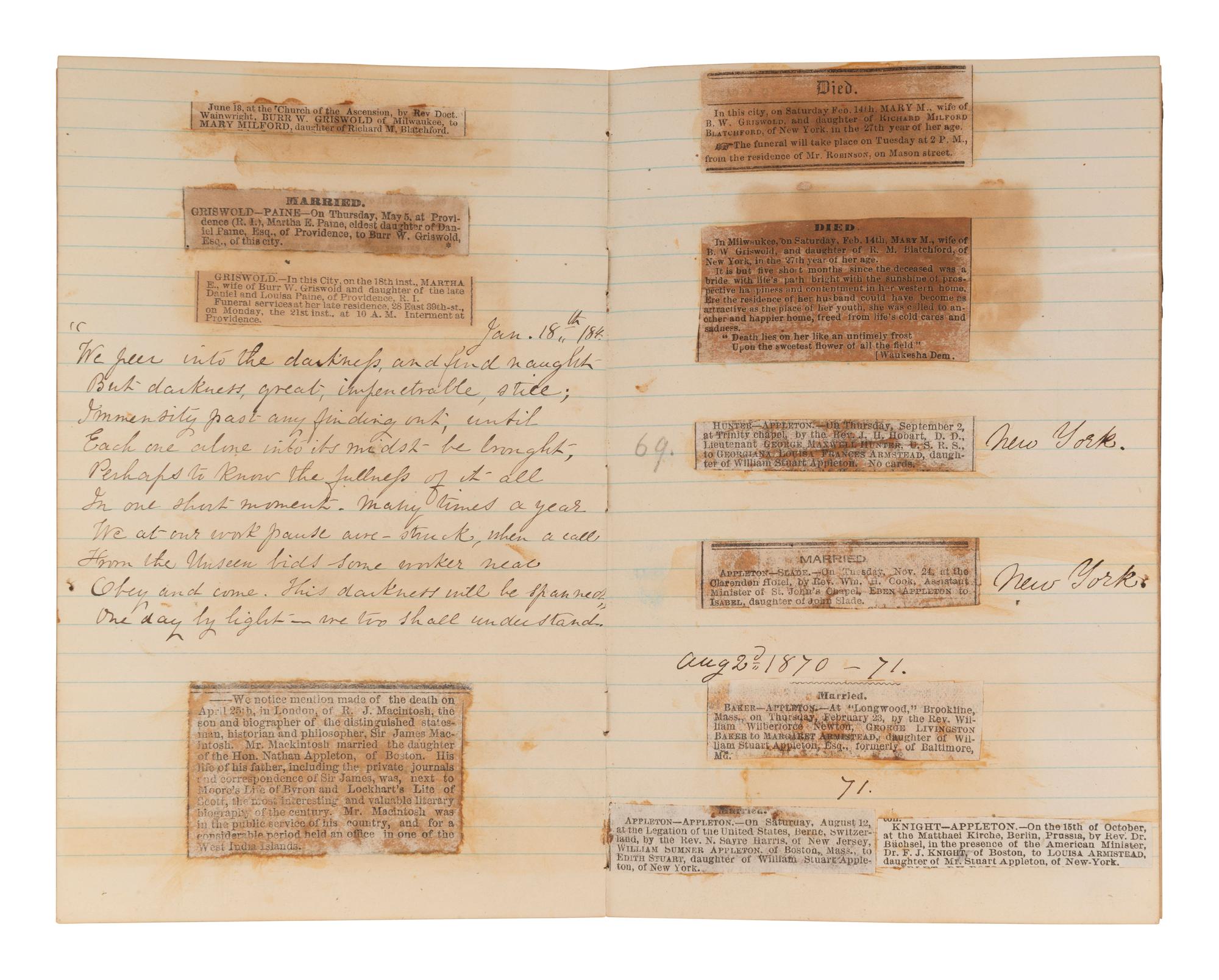 [CIVIL WAR]. BLATCHFORD, Caroline A. (1817-1901). A group of 4 Civil War-era diaries written by Caroline Appleton Blatchford, including discussion of prominent New York families, the ongoing war, and work with the Women's Central Relief Association.