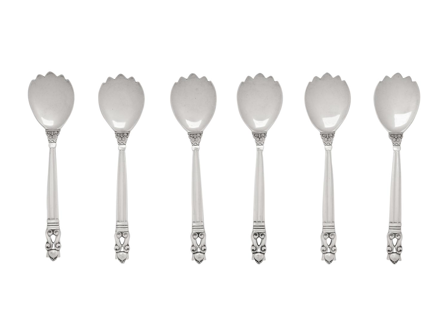 A Set of Six Georg Jensen Acorn Silver Ice Cream Forks