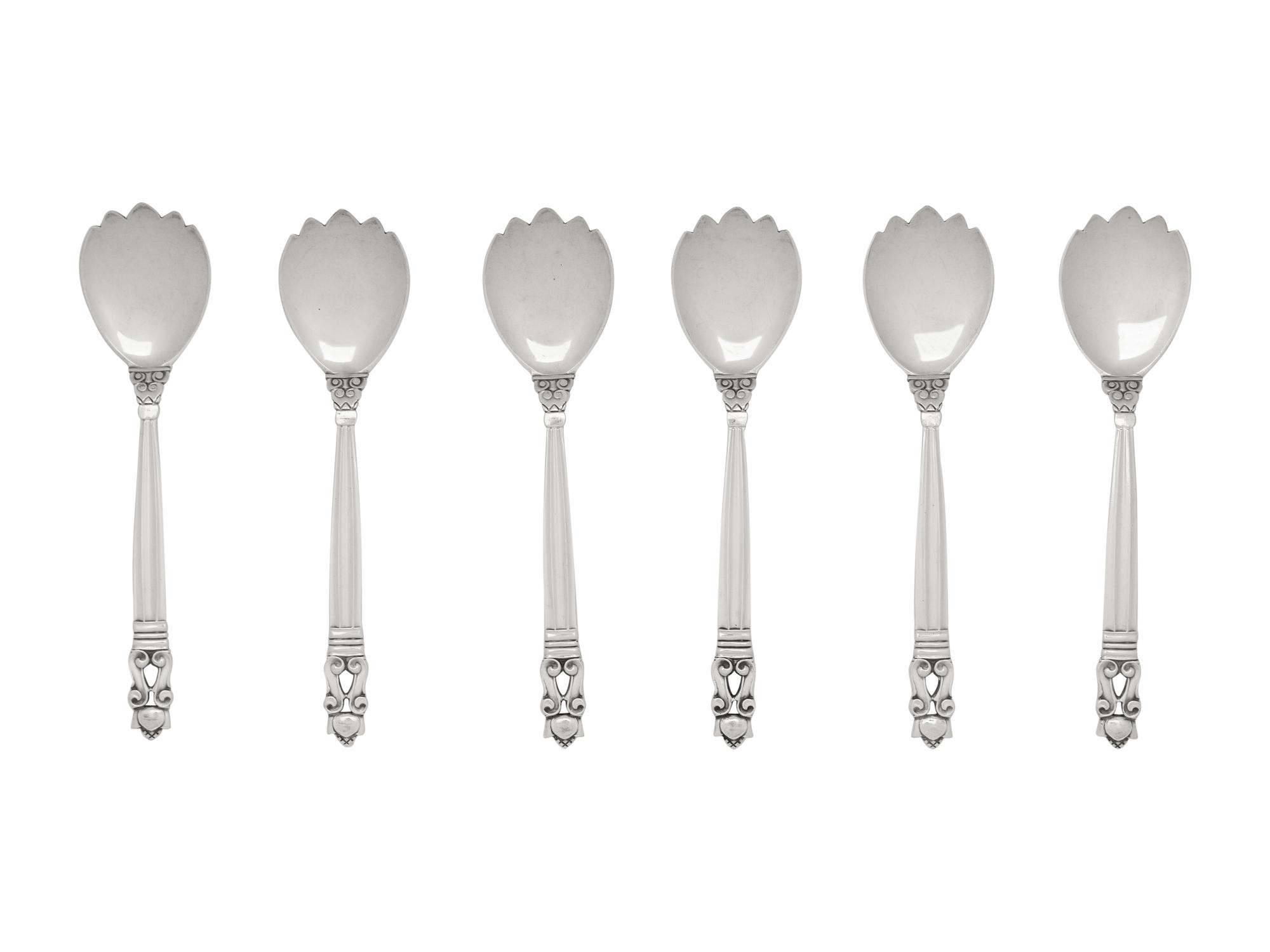 A Set of Six Georg Jensen Acorn Silver Ice Cream Forks