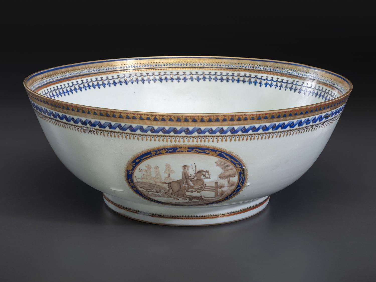 A Chinese Export Parcel Gilt and Grisaille Decorated Porcelain Punch Bowl