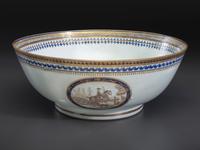 A Chinese Export Parcel Gilt and Grisaille Decorated Porcelain Punch Bowl